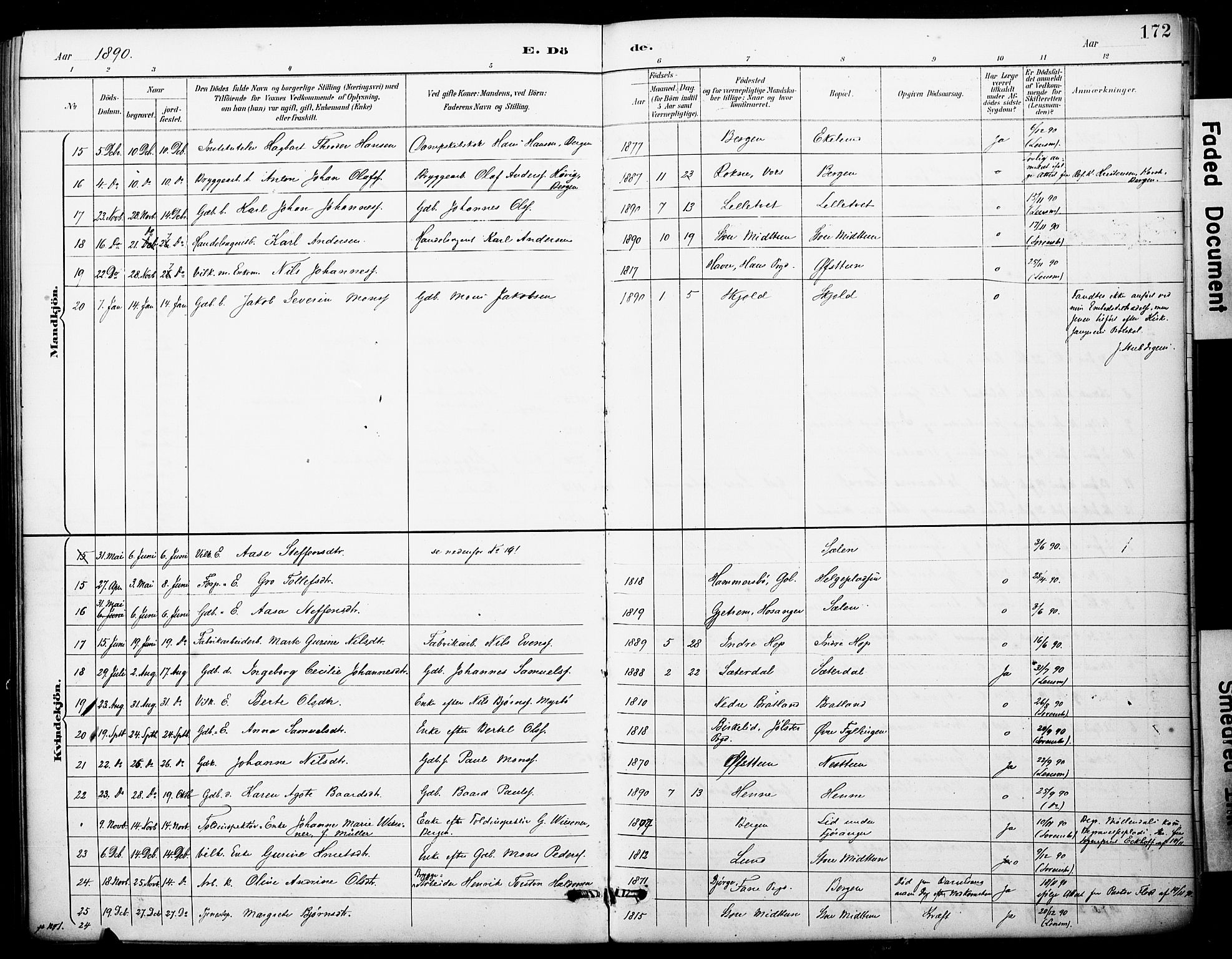 Fana Sokneprestembete, AV/SAB-A-75101/H/Haa/Haai/L0002: Parish register (official) no. I 2, 1888-1899, p. 172