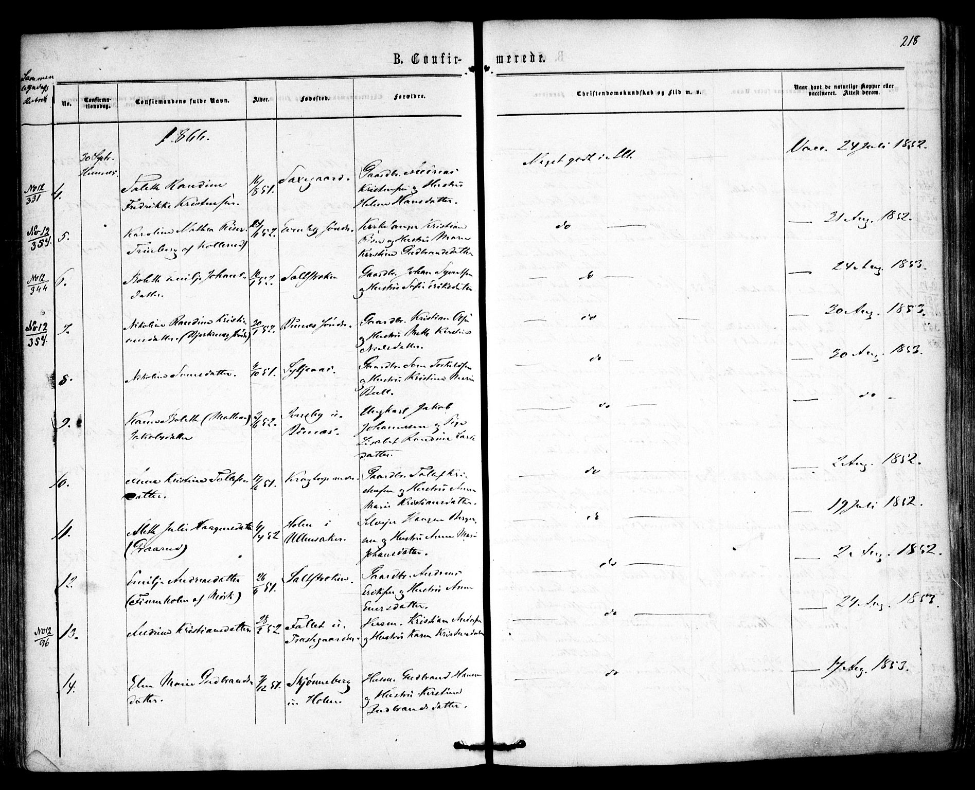 Høland prestekontor Kirkebøker, AV/SAO-A-10346a/F/Fa/L0011: Parish register (official) no. I 11, 1862-1869, p. 218