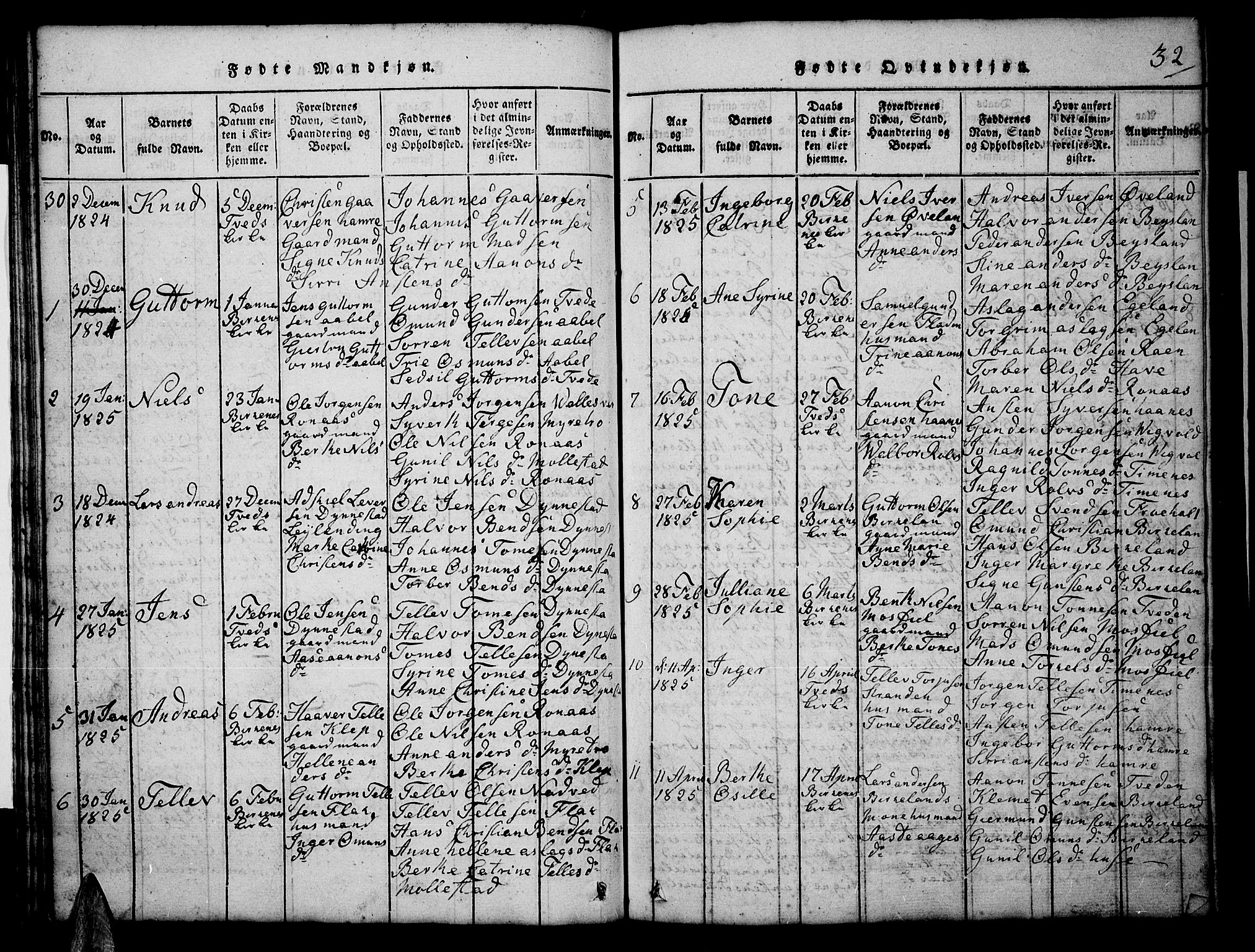 Tveit sokneprestkontor, AV/SAK-1111-0043/F/Fb/L0001: Parish register (copy) no. B 1, 1820-1834, p. 32