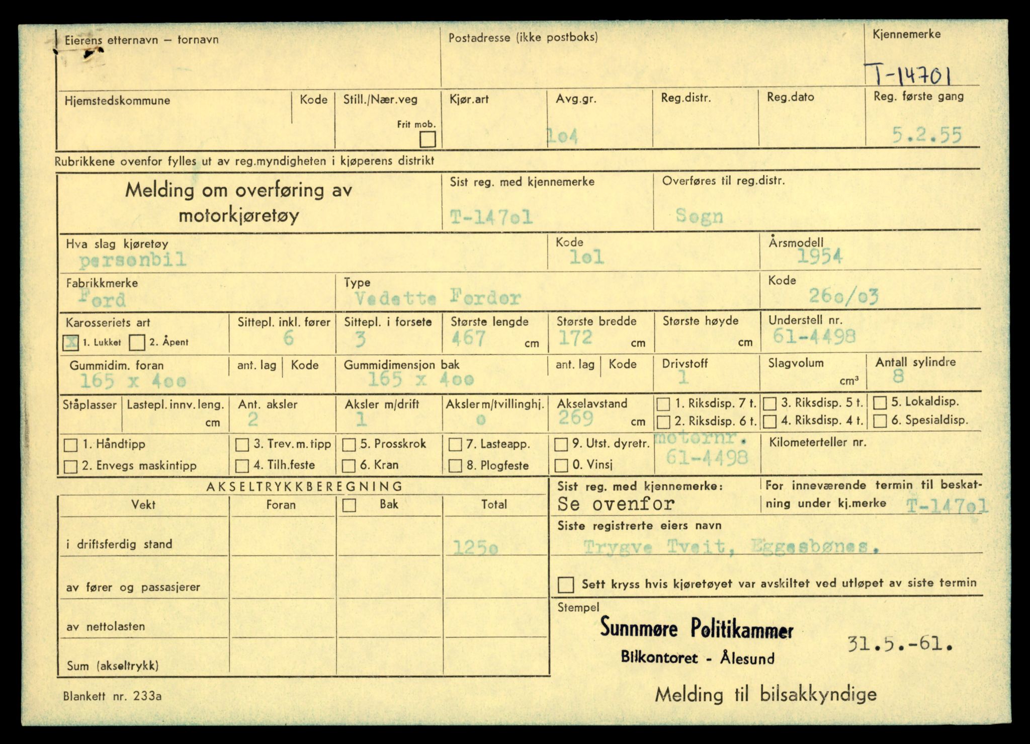 Møre og Romsdal vegkontor - Ålesund trafikkstasjon, SAT/A-4099/F/Fe/L0047: Registreringskort for kjøretøy T 14580 - T 14720, 1927-1998, p. 2851