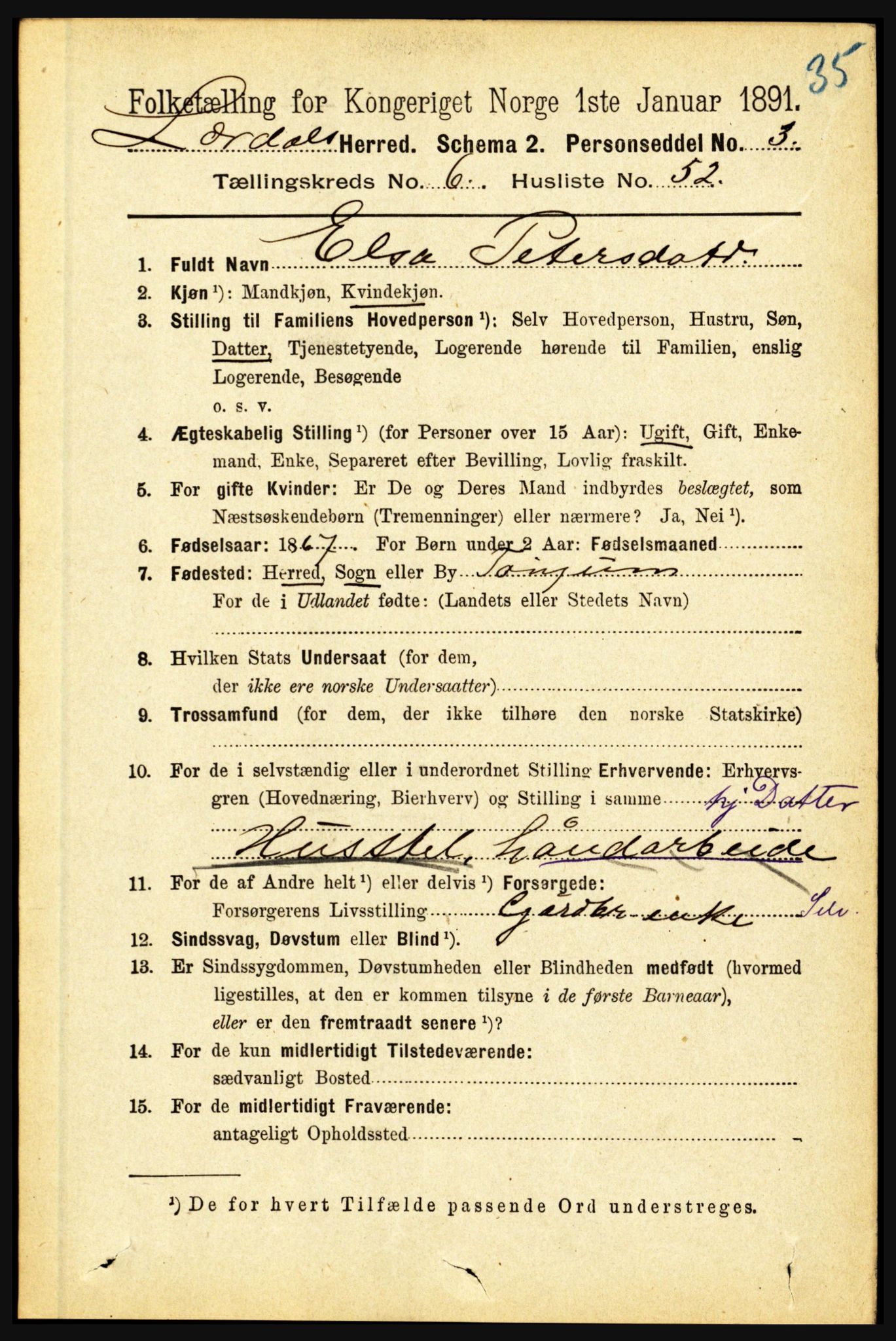 RA, 1891 census for 1422 Lærdal, 1891, p. 731