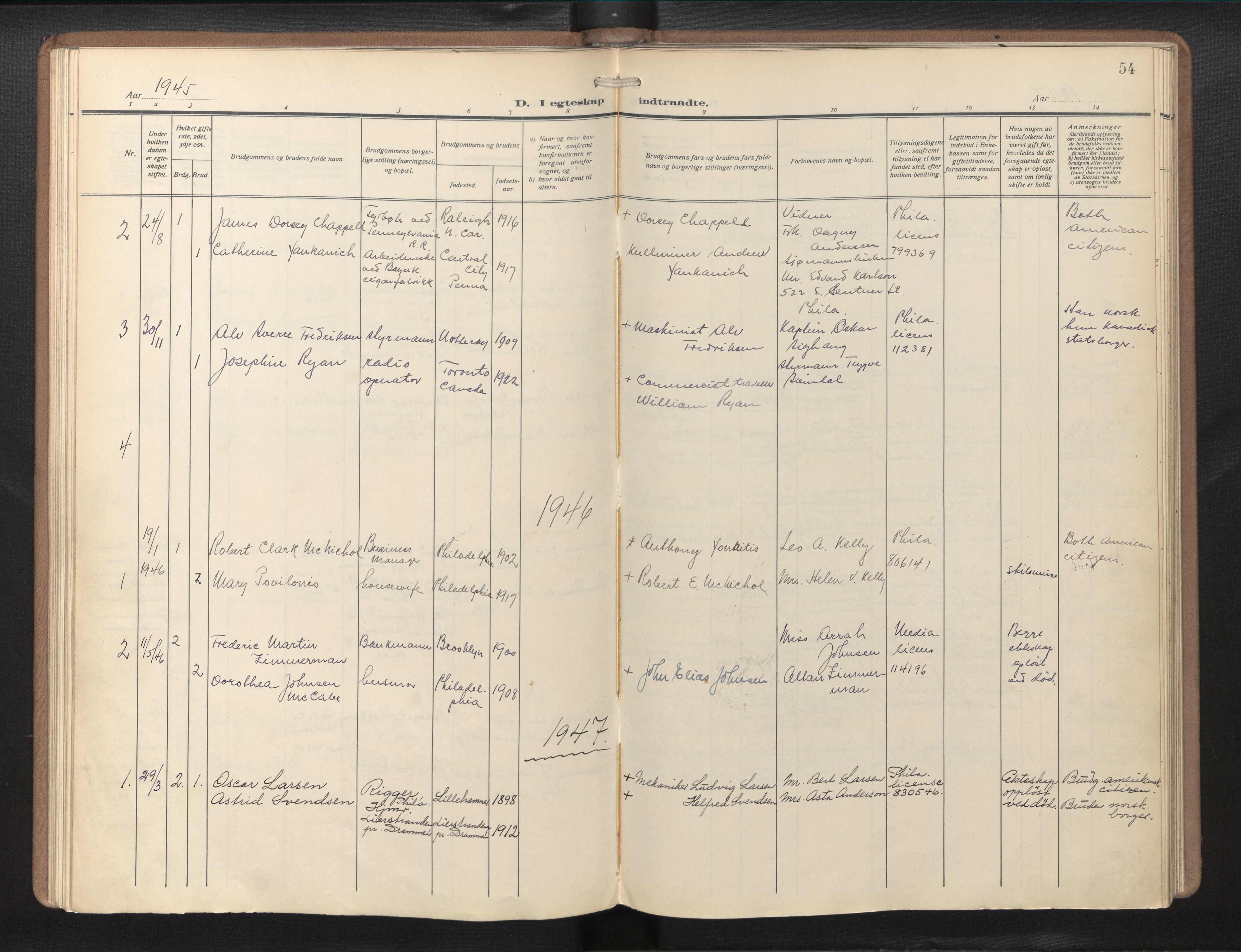 Den norske sjømannsmisjon i utlandet/Philadelphia, AV/SAB-SAB/PA-0113/H/Ha/L0002: Parish register (official) no. A 2, 1931-1957, p. 53b-54a