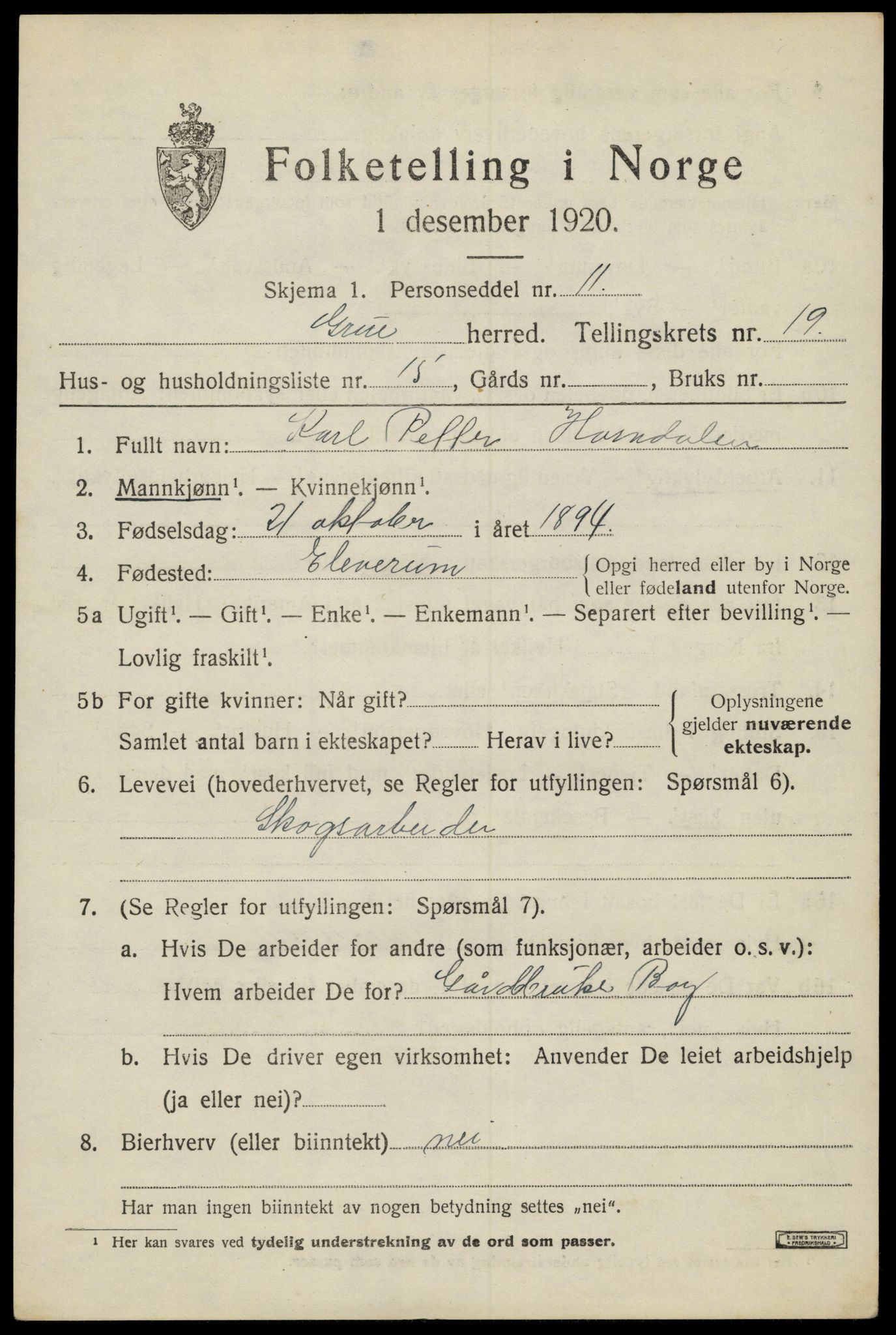 SAH, 1920 census for Grue, 1920, p. 14925