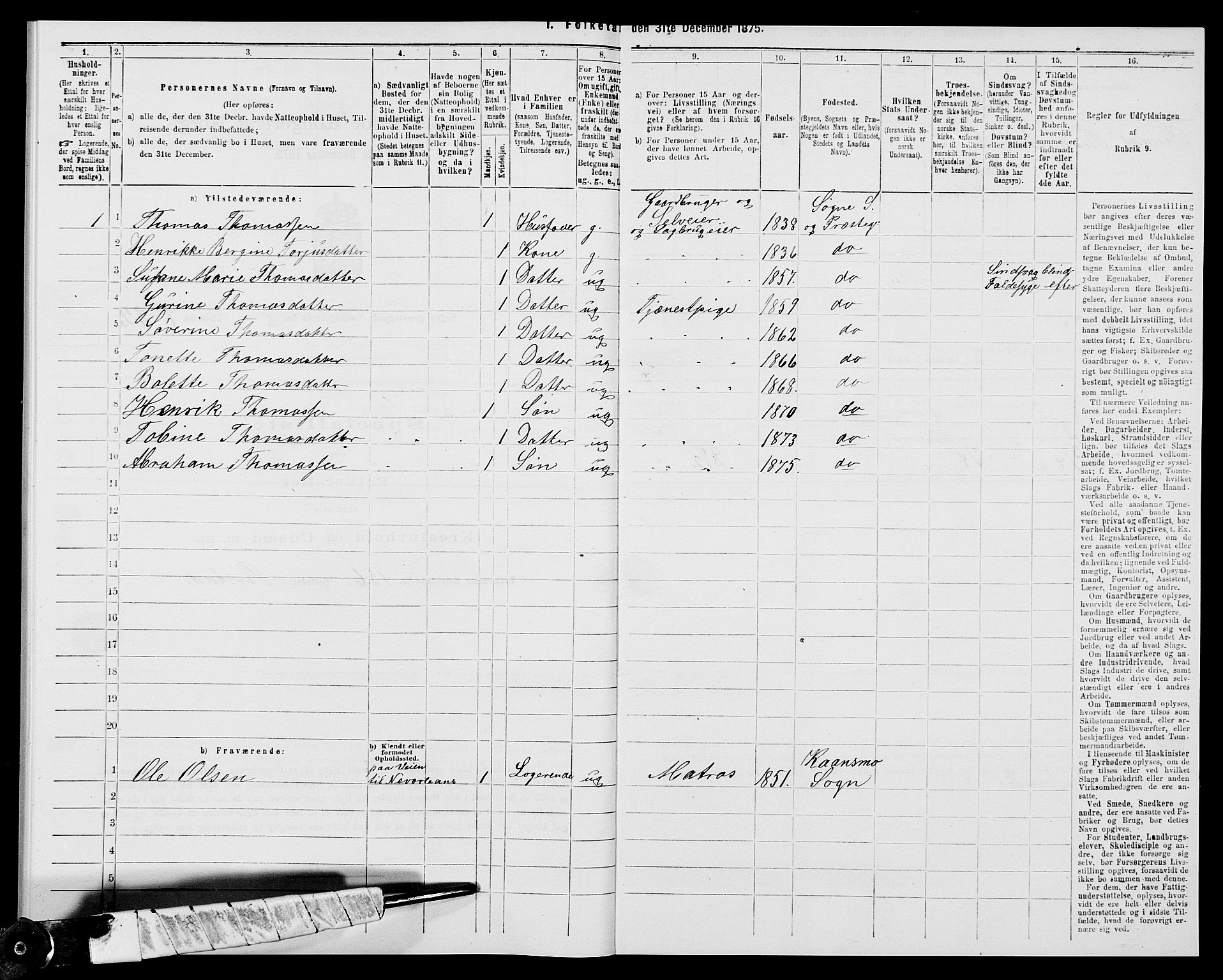 SAK, 1875 census for 1018P Søgne, 1875, p. 737