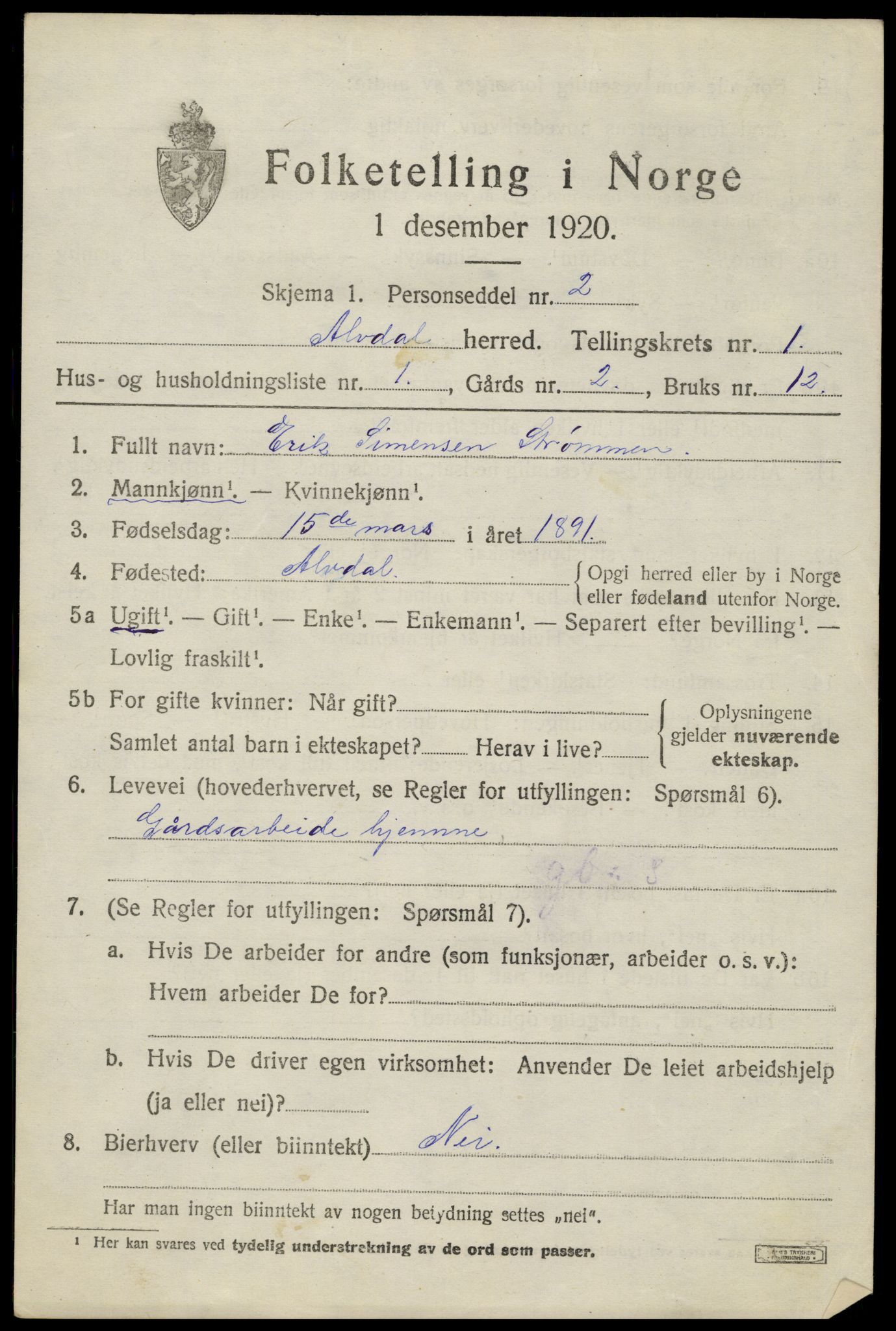 SAH, 1920 census for Alvdal, 1920, p. 896