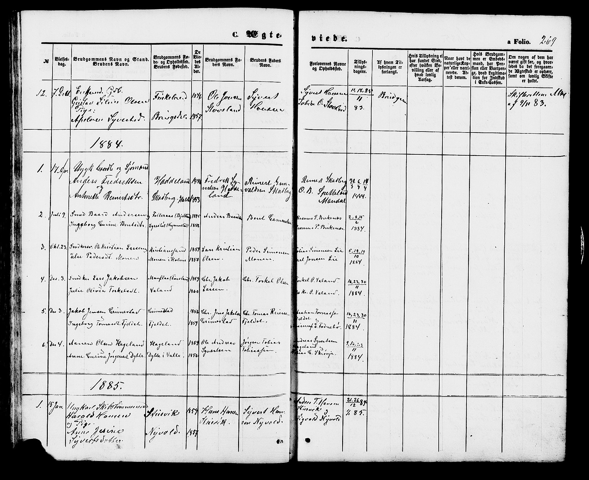 Holum sokneprestkontor, SAK/1111-0022/F/Fb/Fba/L0004: Parish register (copy) no. B 4, 1867-1890, p. 269