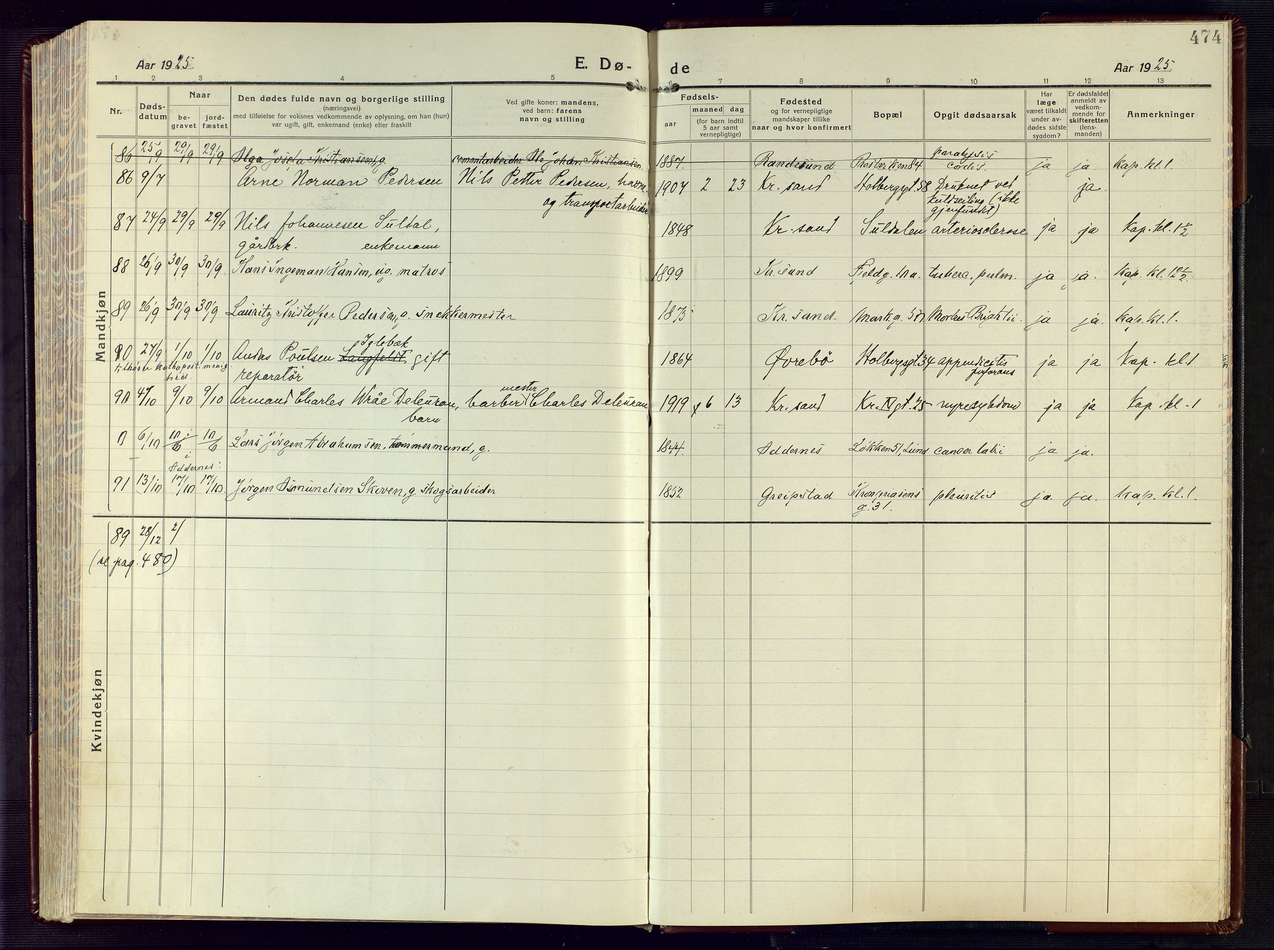 Kristiansand domprosti, AV/SAK-1112-0006/F/Fa/L0028: Parish register (official) no. A 27, 1917-1926, p. 474