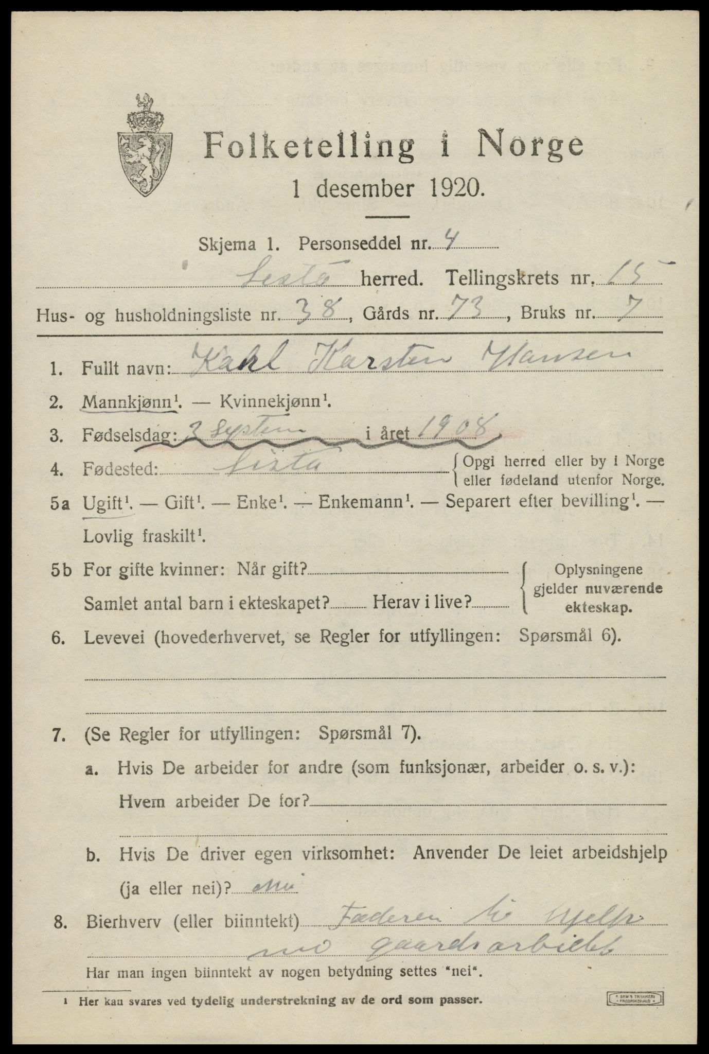 SAK, 1920 census for Lista, 1920, p. 12917