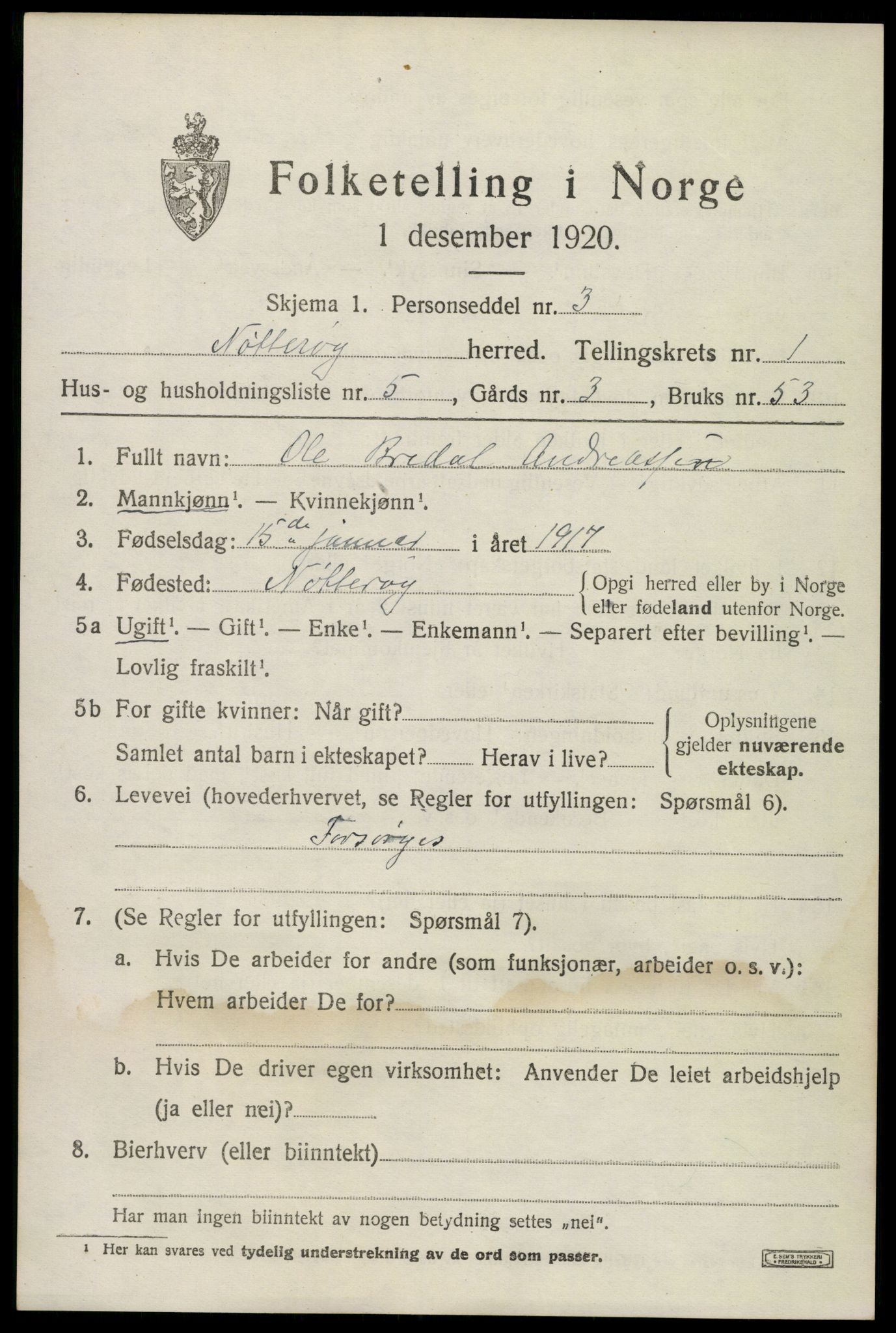 SAKO, 1920 census for Nøtterøy, 1920, p. 2865
