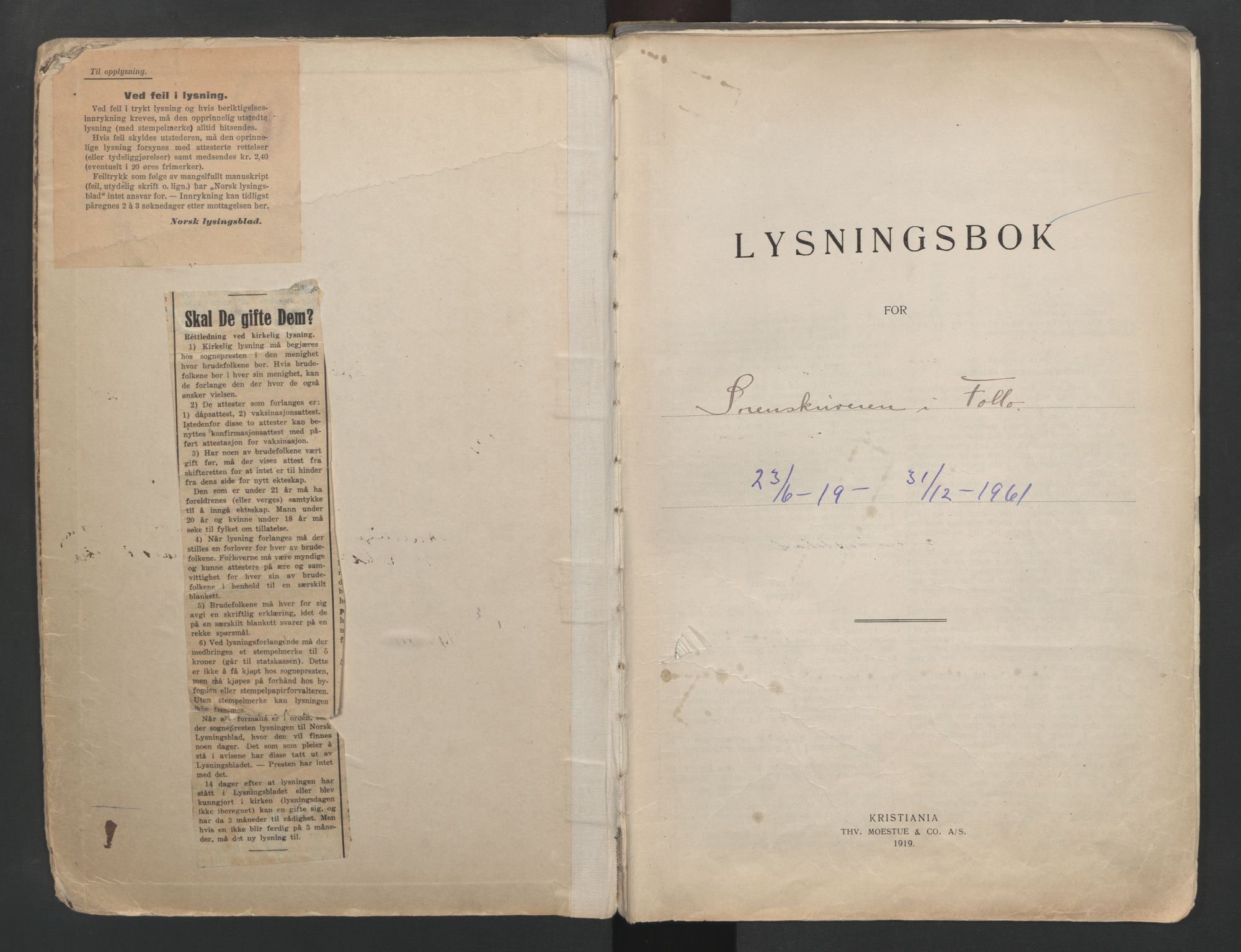 Follo sorenskriveri, AV/SAO-A-10274/L/La/Lac/L0001: Lysningsbok, 1919-1961