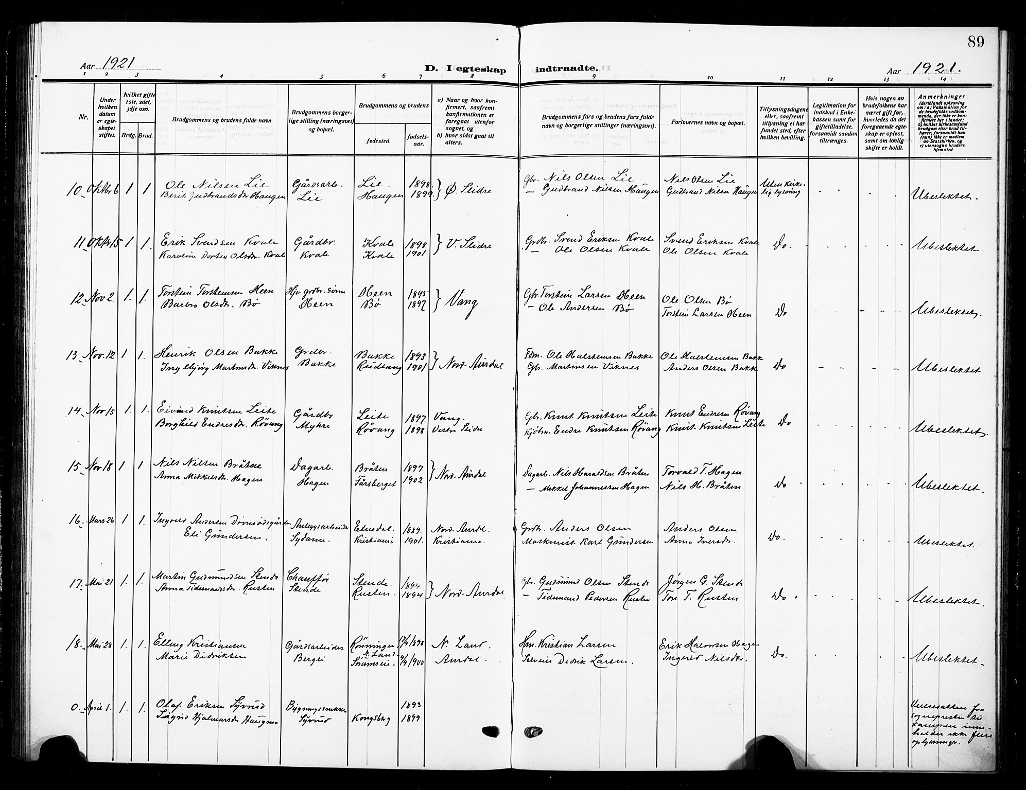 Nord-Aurdal prestekontor, AV/SAH-PREST-132/H/Ha/Hab/L0016: Parish register (copy) no. 16, 1920-1932, p. 89