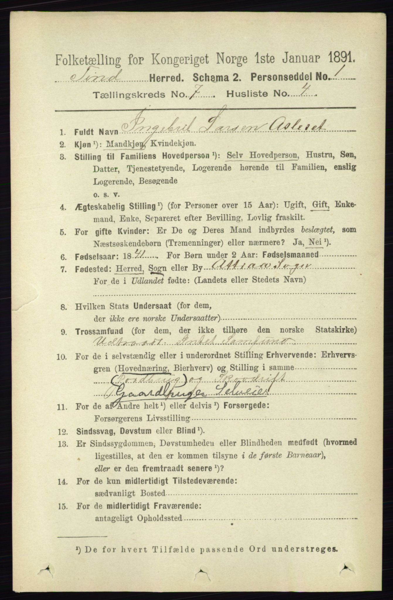 RA, 1891 census for 0826 Tinn, 1891, p. 1451