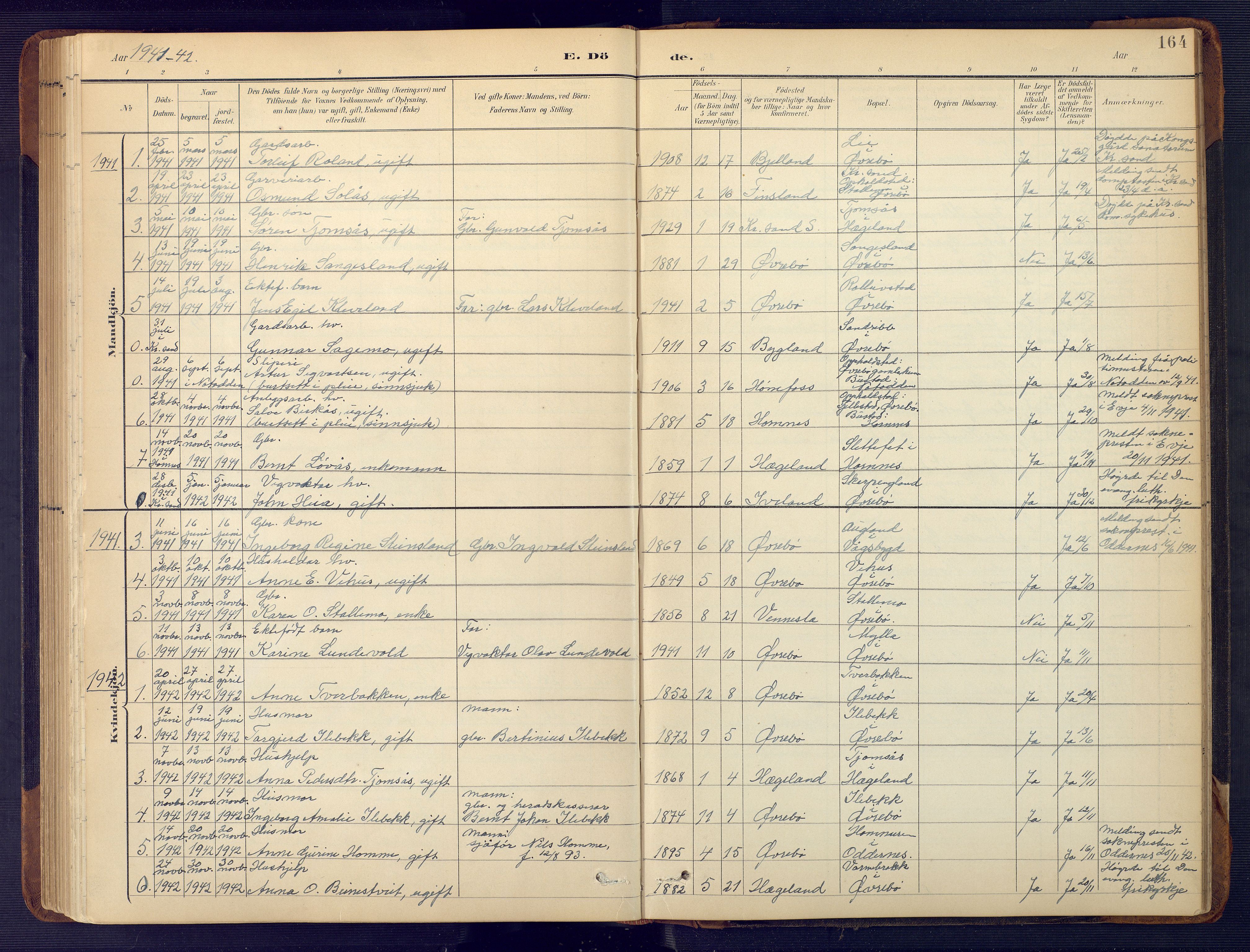 Vennesla sokneprestkontor, SAK/1111-0045/Fb/Fbc/L0003: Parish register (copy) no. B 3, 1895-1946, p. 164