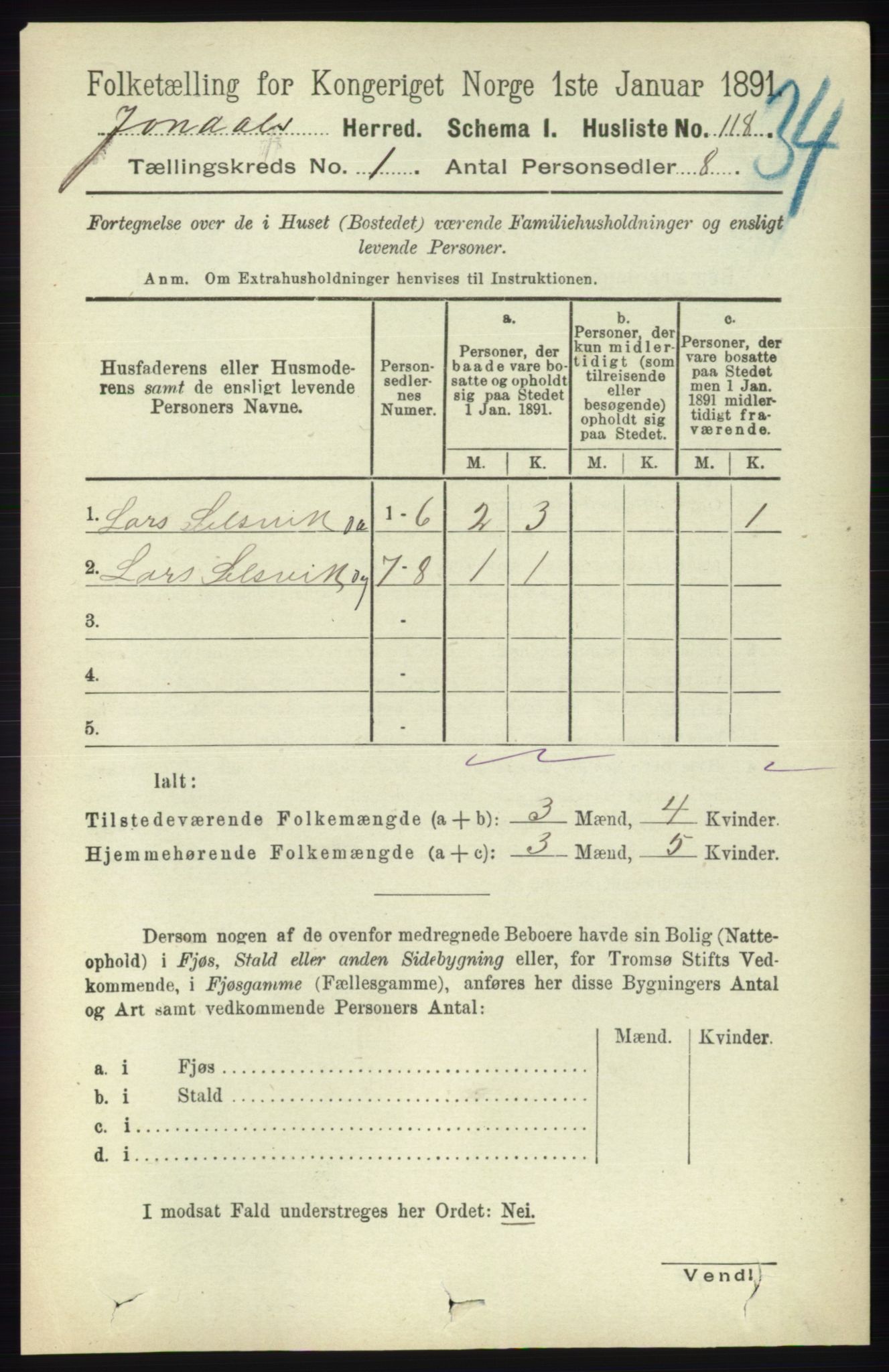 RA, 1891 census for 1227 Jondal, 1891, p. 134