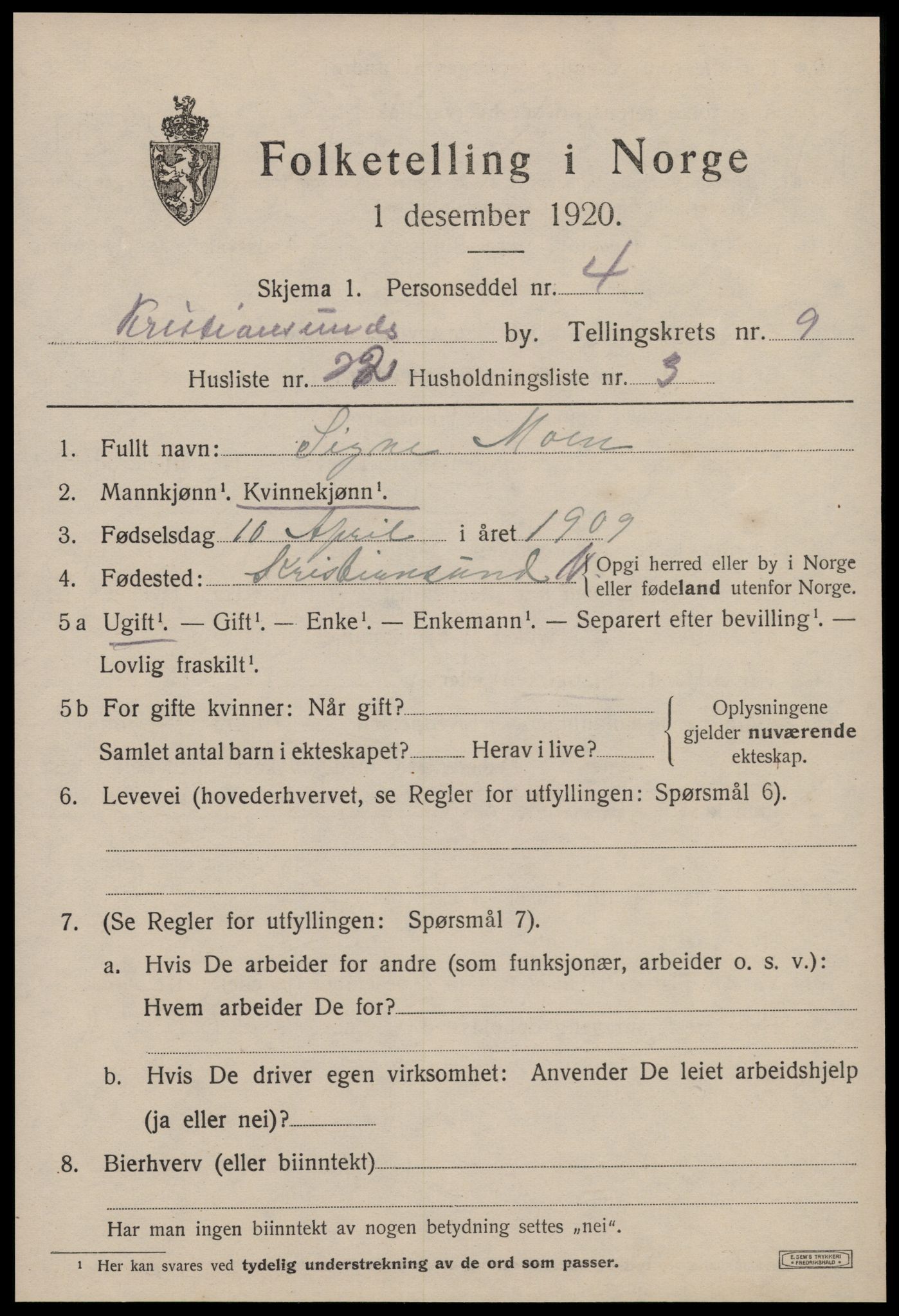 SAT, 1920 census for Kristiansund, 1920, p. 22075