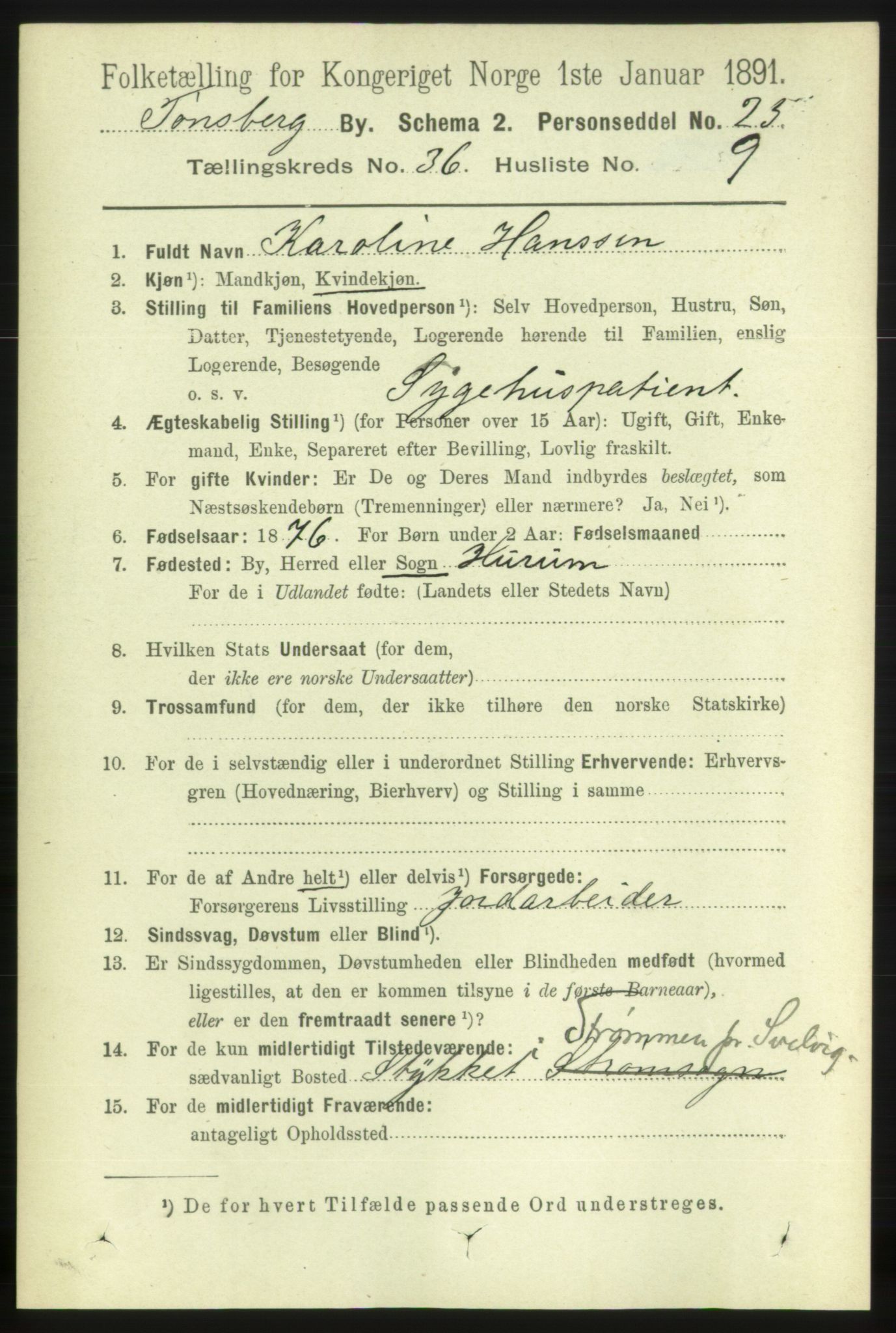 RA, 1891 census for 0705 Tønsberg, 1891, p. 7966