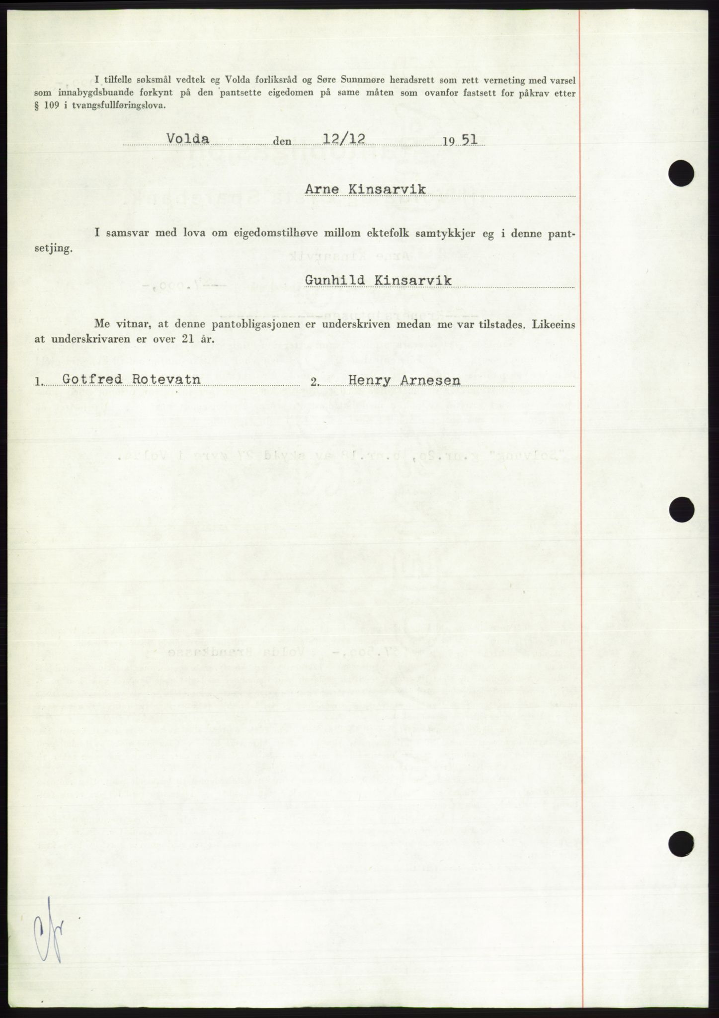Søre Sunnmøre sorenskriveri, AV/SAT-A-4122/1/2/2C/L0121: Mortgage book no. 9B, 1951-1952, Diary no: : 2480/1951