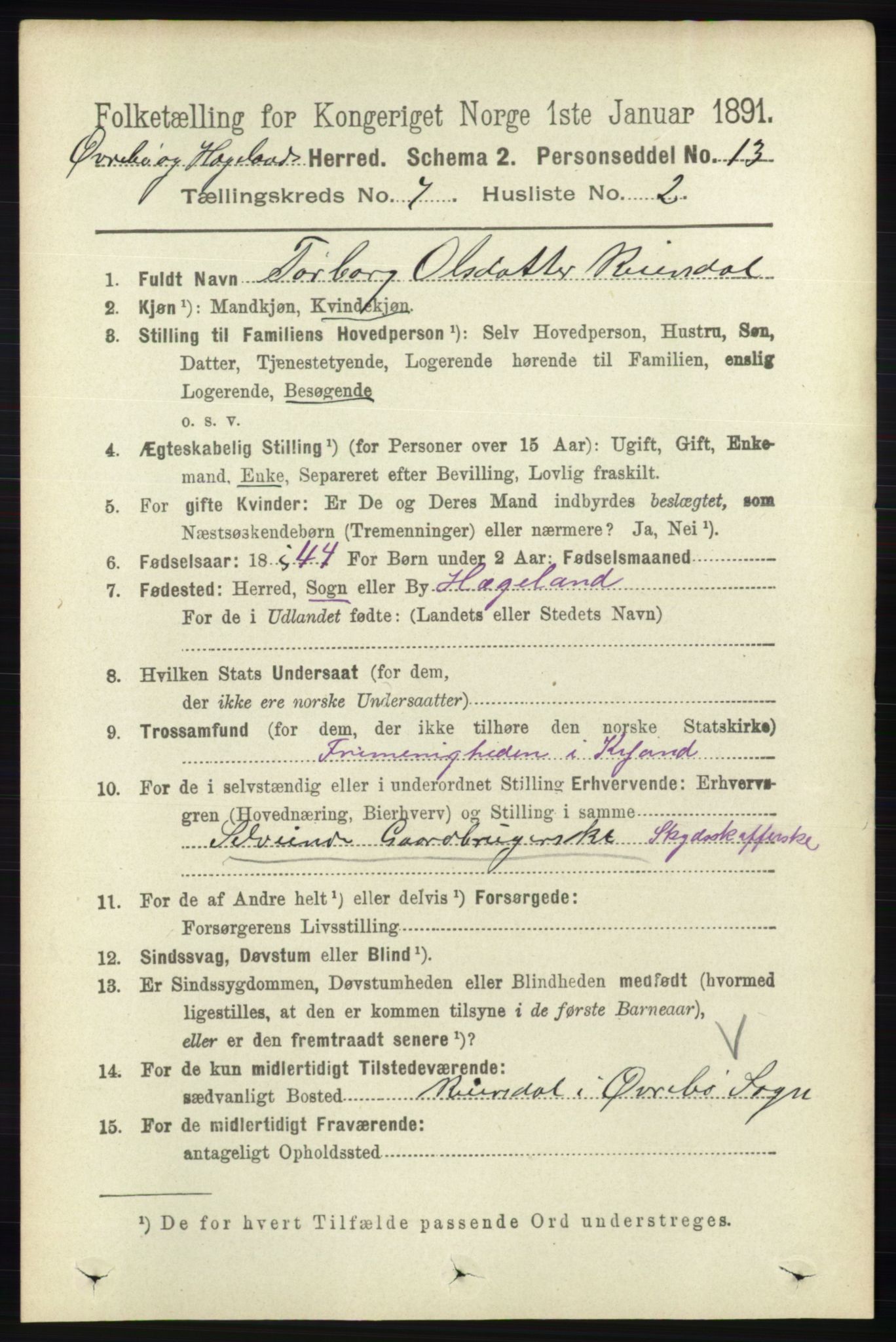 RA, 1891 census for 1016 Øvrebø og Hægeland, 1891, p. 1350