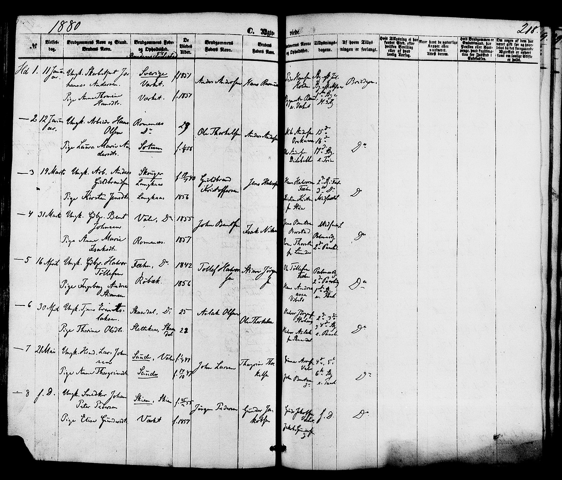 Holla kirkebøker, SAKO/A-272/F/Fa/L0007: Parish register (official) no. 7, 1869-1881, p. 218