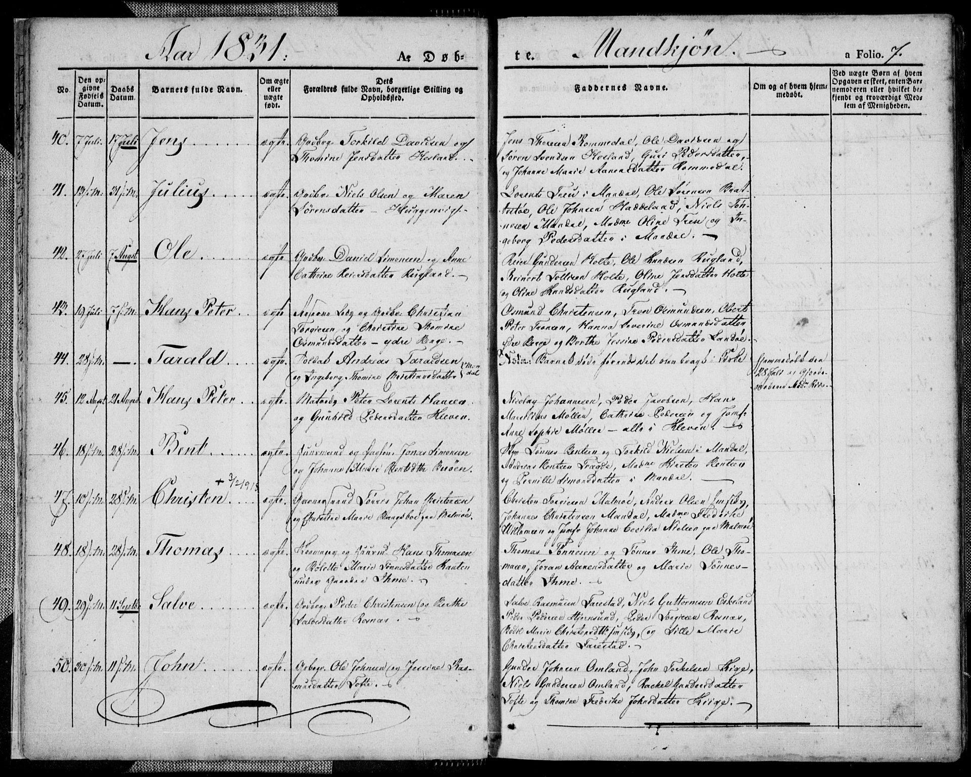 Mandal sokneprestkontor, SAK/1111-0030/F/Fa/Faa/L0011: Parish register (official) no. A 11, 1830-1839, p. 7