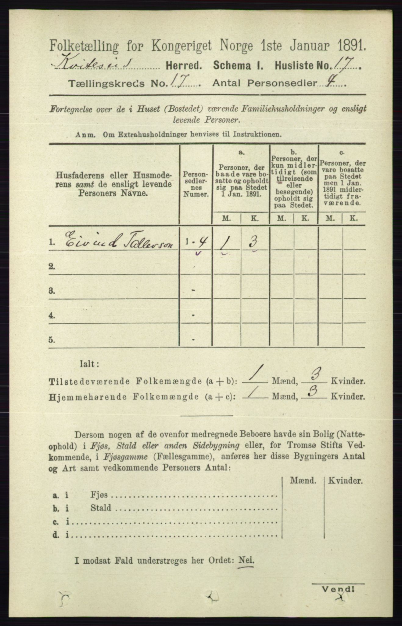 RA, 1891 census for 0829 Kviteseid, 1891, p. 3770