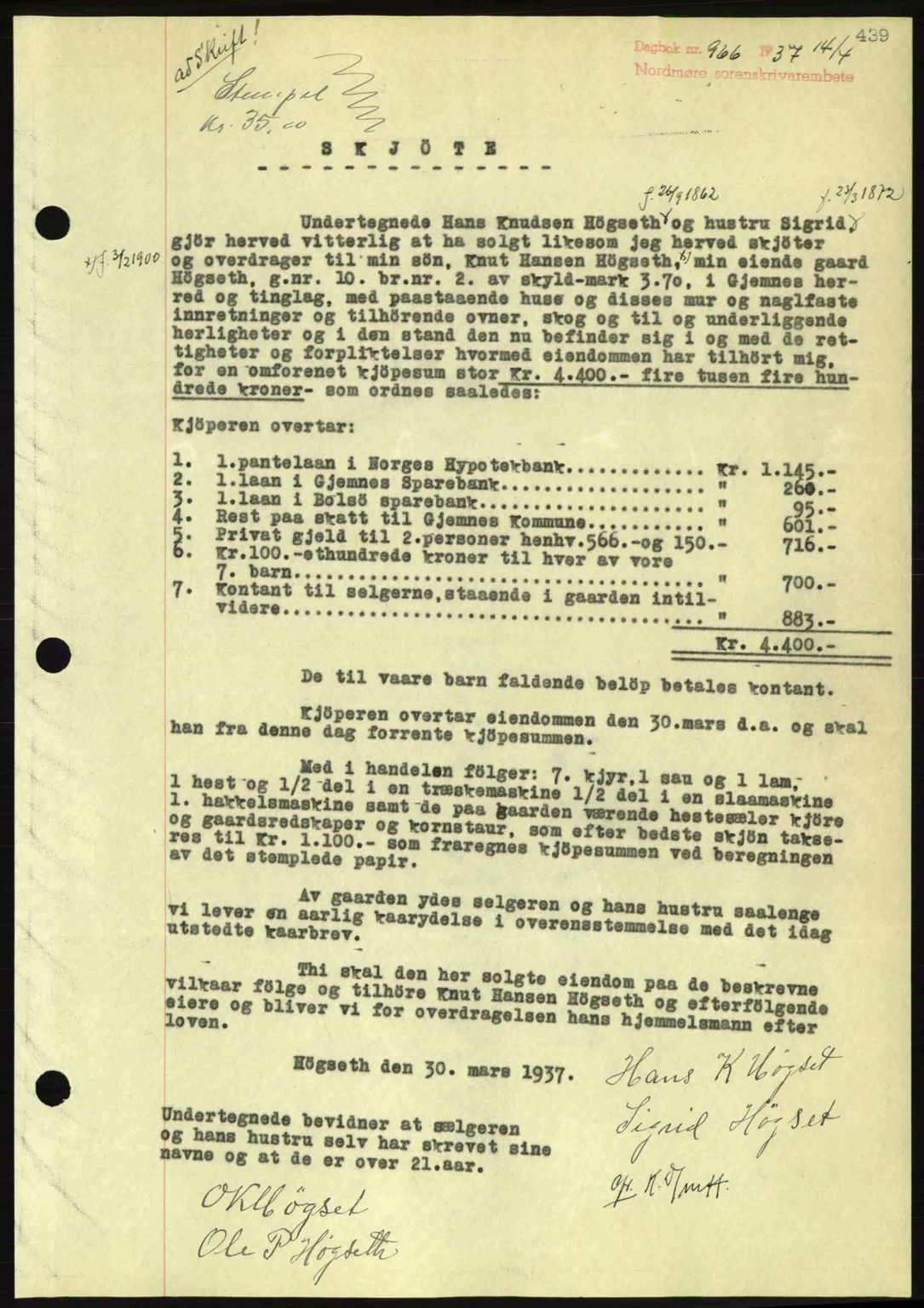 Nordmøre sorenskriveri, AV/SAT-A-4132/1/2/2Ca: Mortgage book no. A81, 1937-1937, Diary no: : 966/1937