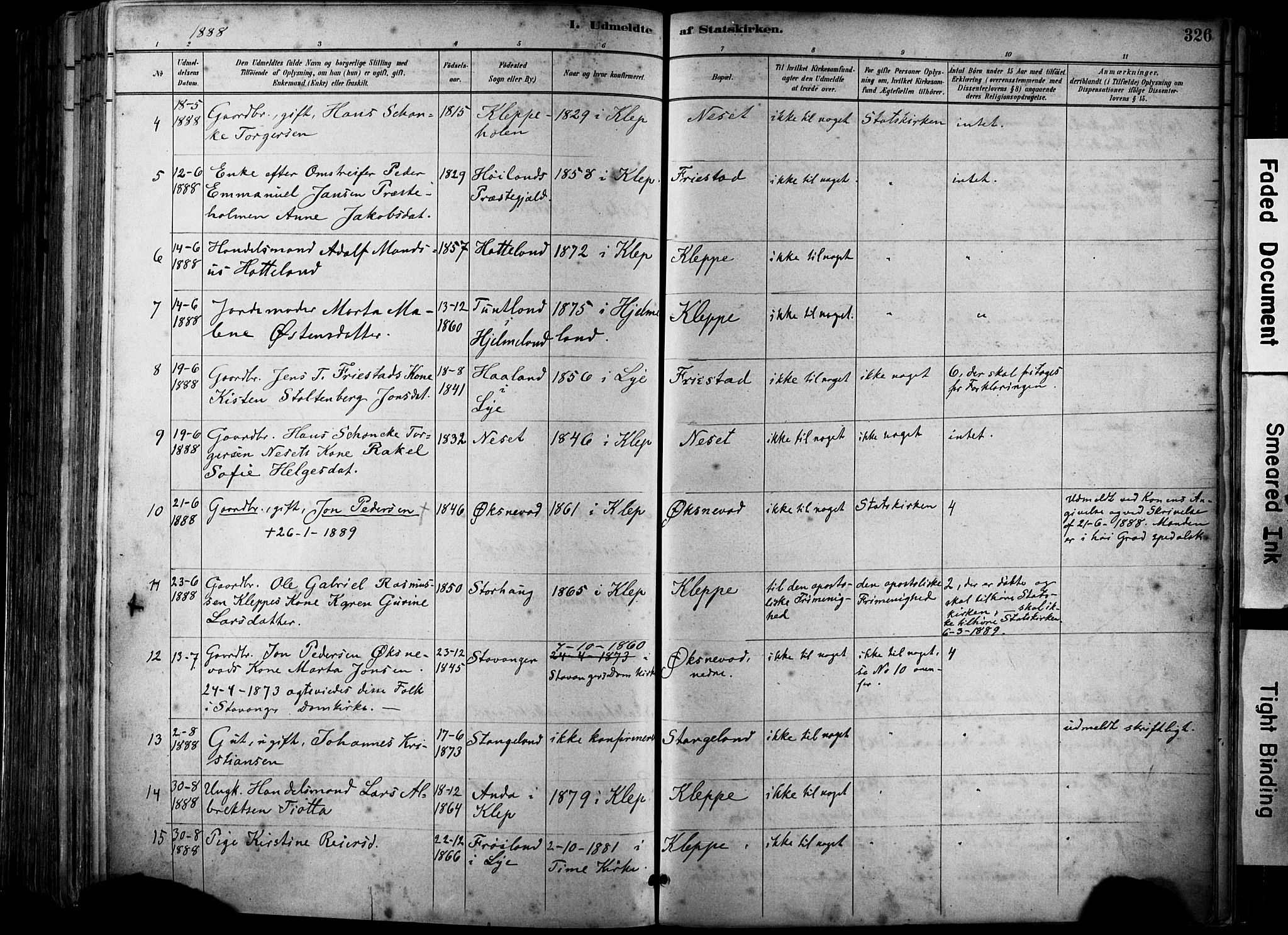 Klepp sokneprestkontor, SAST/A-101803/001/3/30BA/L0009: Parish register (official) no. A 7, 1886-1915, p. 326