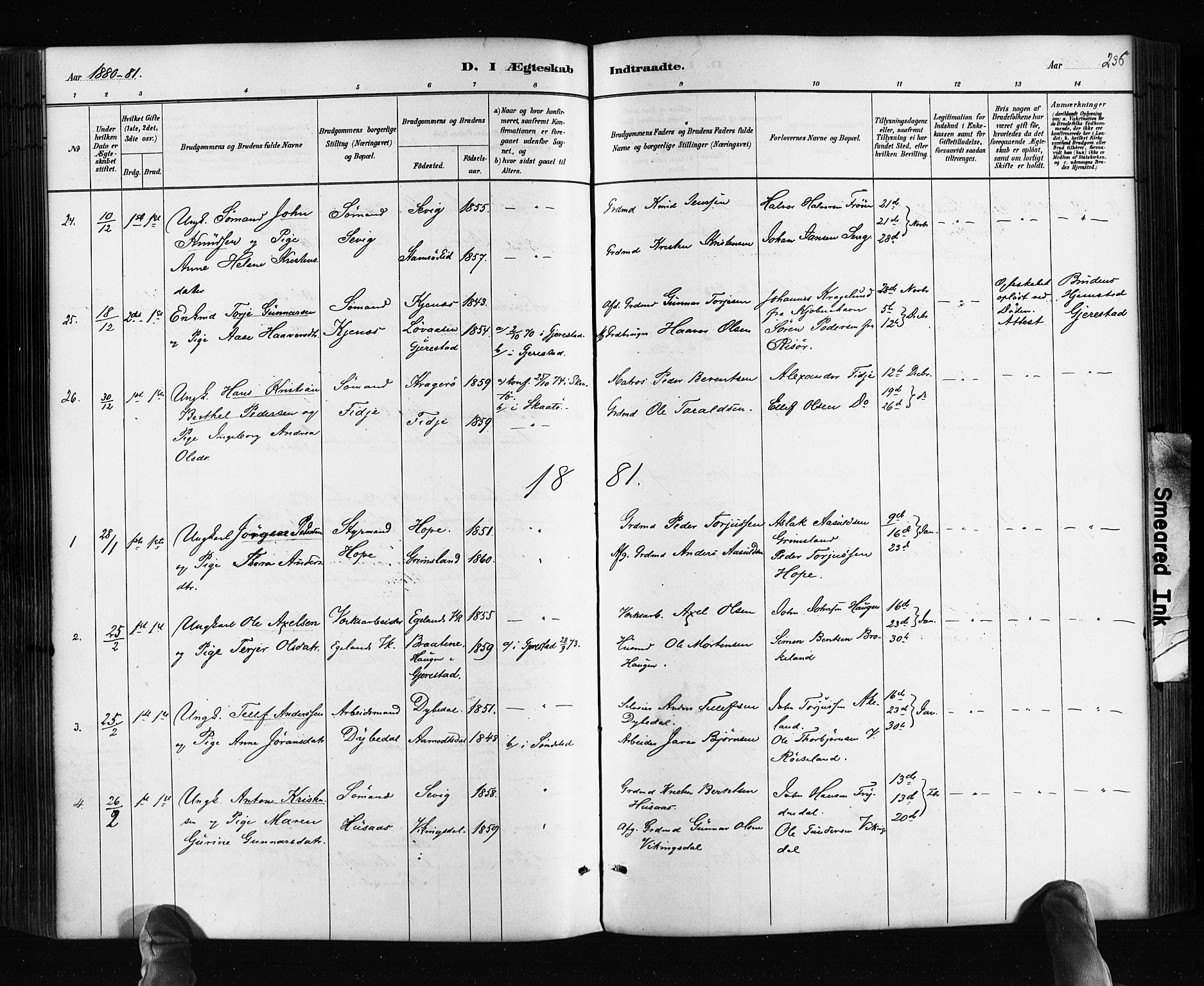 Søndeled sokneprestkontor, AV/SAK-1111-0038/F/Fa/L0004: Parish register (official) no. A 4, 1880-1889, p. 236