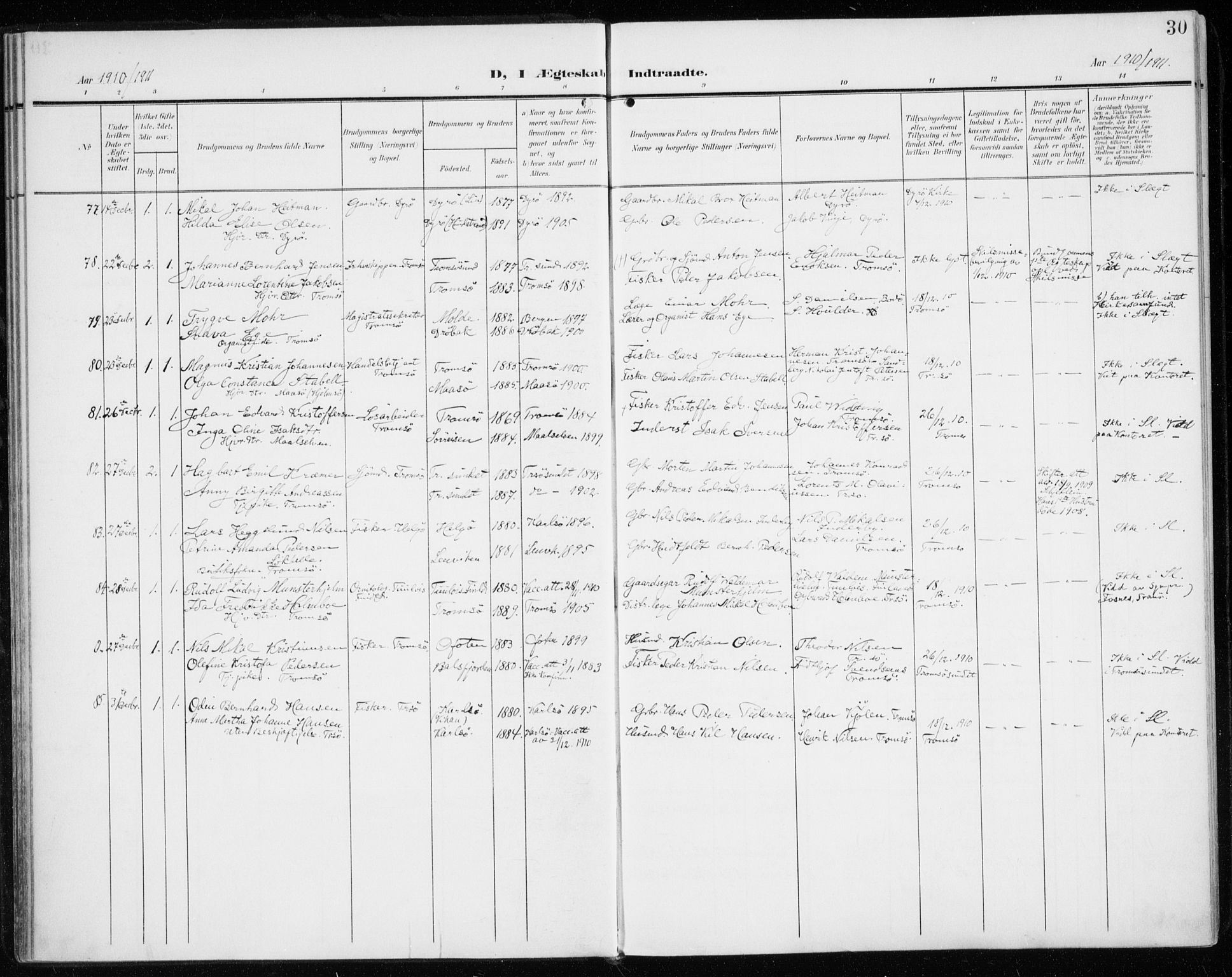 Tromsø sokneprestkontor/stiftsprosti/domprosti, AV/SATØ-S-1343/G/Ga/L0018kirke: Parish register (official) no. 18, 1907-1917, p. 30