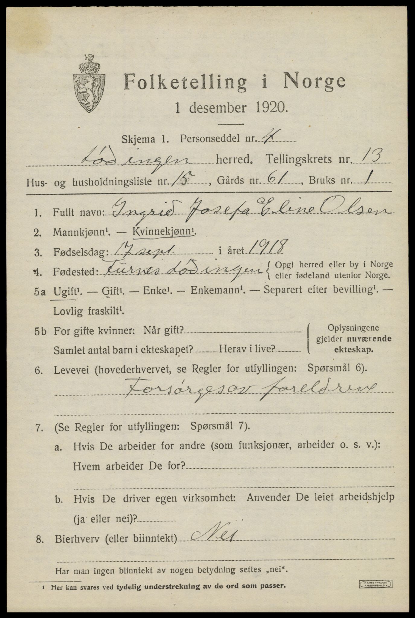 SAT, 1920 census for Lødingen, 1920, p. 6953