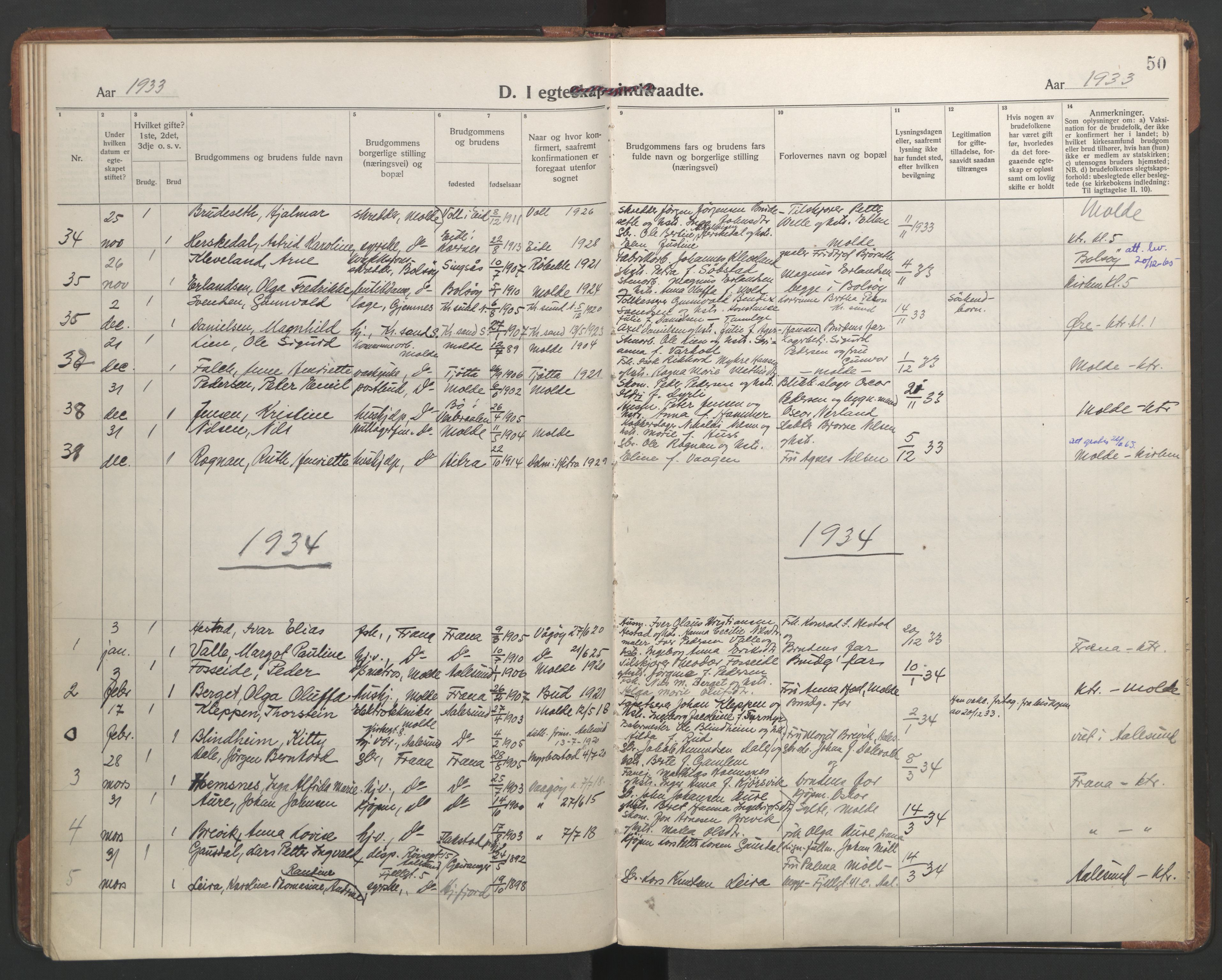 Ministerialprotokoller, klokkerbøker og fødselsregistre - Møre og Romsdal, AV/SAT-A-1454/558/L0698: Parish register (official) no. 558A12, 1922-1937, p. 50