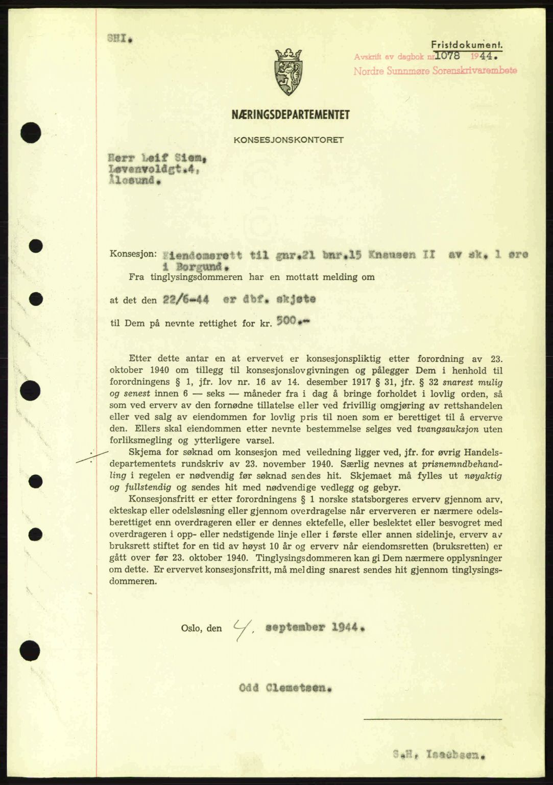 Nordre Sunnmøre sorenskriveri, SAT/A-0006/1/2/2C/2Ca: Mortgage book no. B6-14 a, 1942-1945, Diary no: : 1078/1944