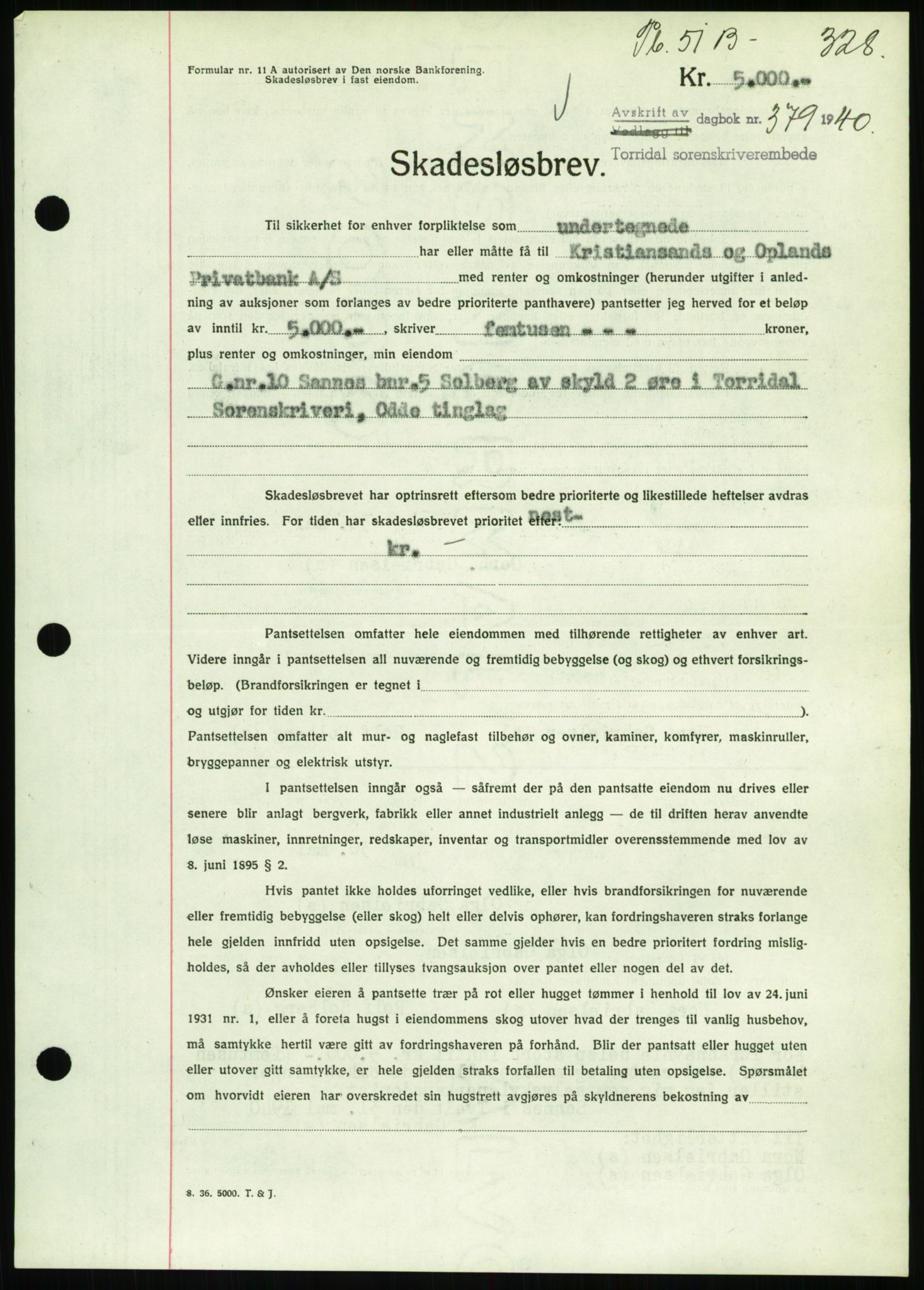 Torridal sorenskriveri, AV/SAK-1221-0012/G/Gb/Gbb/L0007: Mortgage book no. 51b, 1939-1940, Diary no: : 379/1940