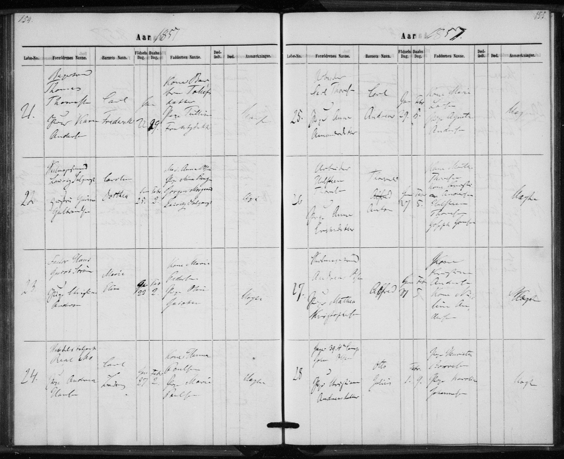 Rikshospitalet prestekontor Kirkebøker, AV/SAO-A-10309b/K/L0002/0001: Baptism register no. 2.1, 1854-1860, p. 154-155