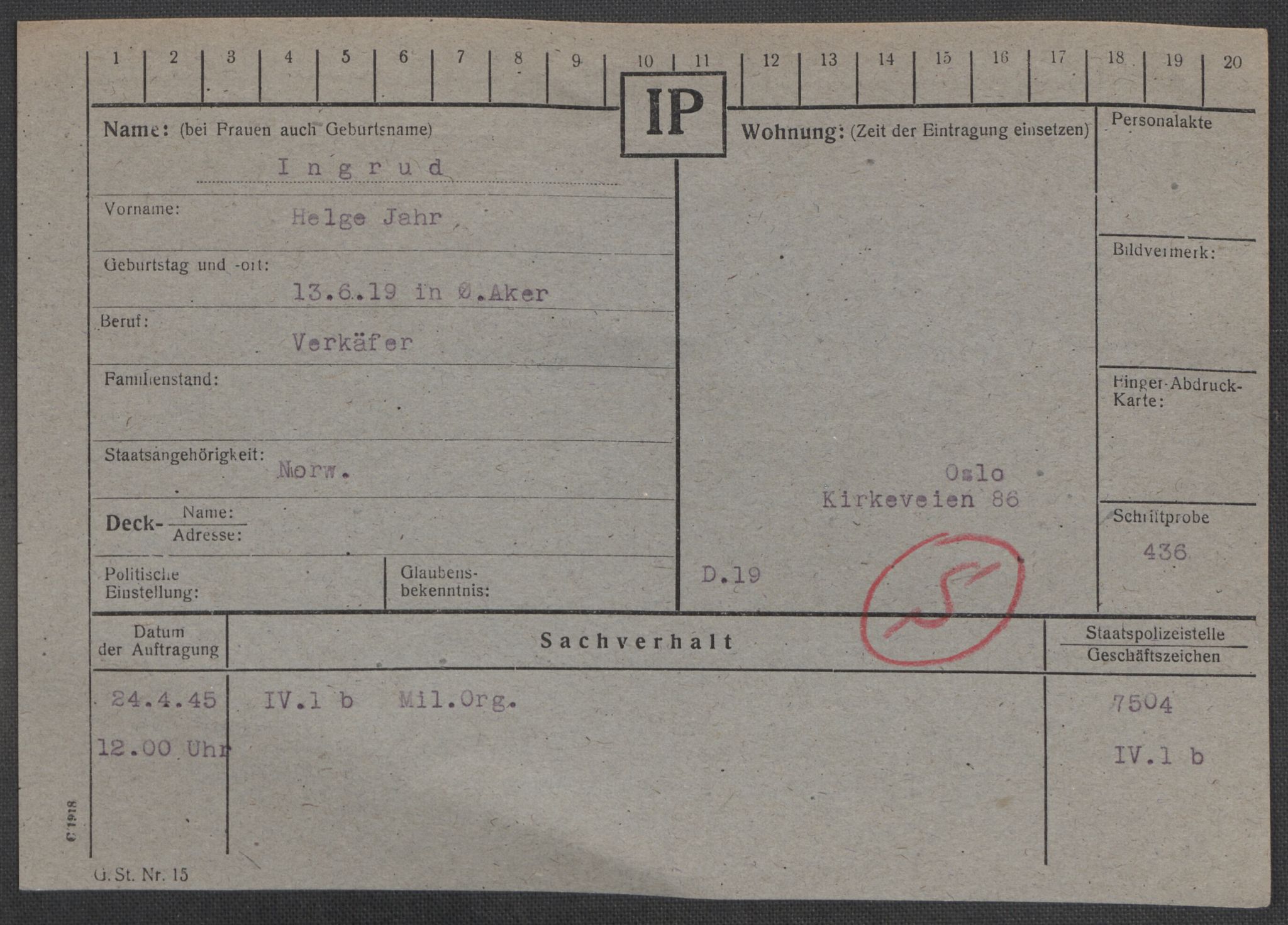 Befehlshaber der Sicherheitspolizei und des SD, AV/RA-RAFA-5969/E/Ea/Eaa/L0005: Register over norske fanger i Møllergata 19: Hø-Kj, 1940-1945, p. 169