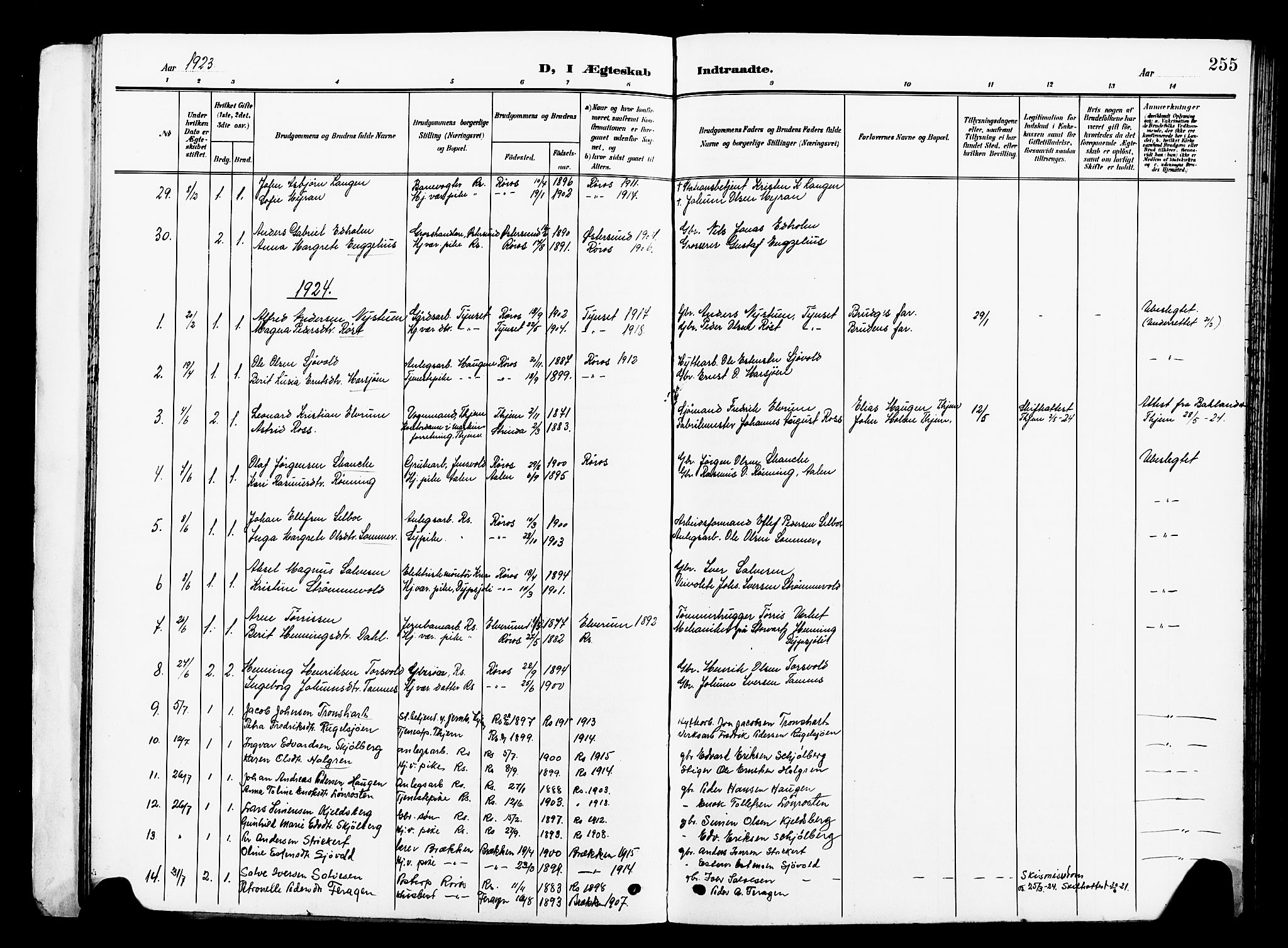 Ministerialprotokoller, klokkerbøker og fødselsregistre - Sør-Trøndelag, SAT/A-1456/681/L0942: Parish register (copy) no. 681C06, 1906-1925, p. 255