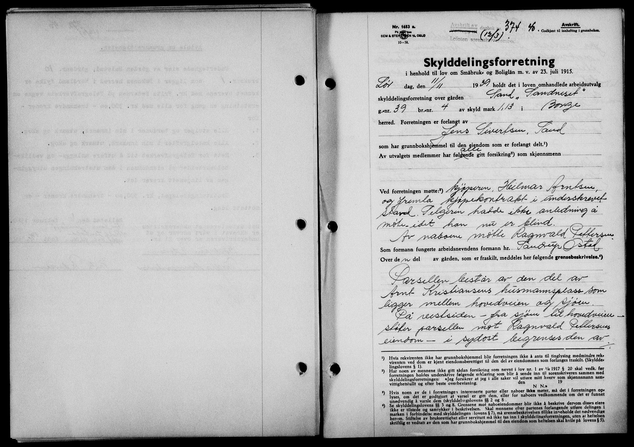 Lofoten sorenskriveri, SAT/A-0017/1/2/2C/L0007a: Mortgage book no. 7a, 1939-1940, Diary no: : 374/1940