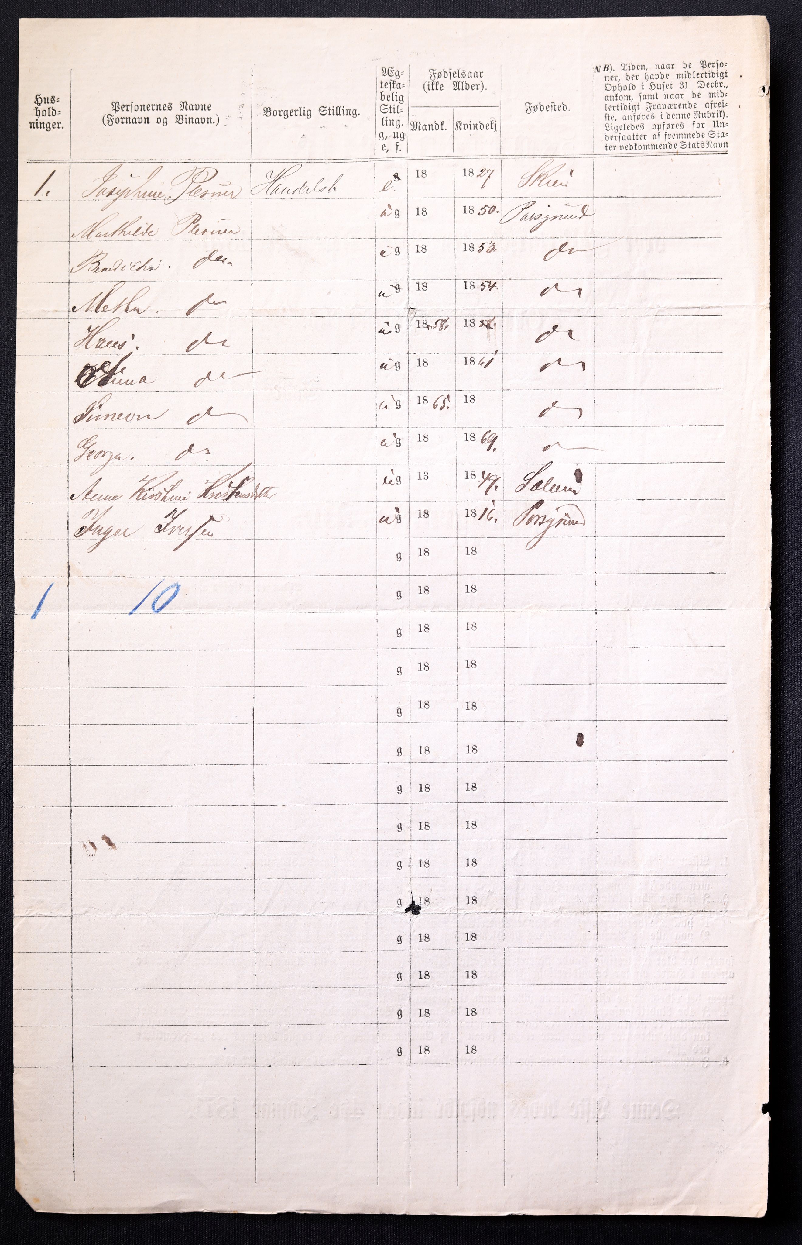 RA, 1870 census for 0805 Porsgrunn, 1870, p. 698