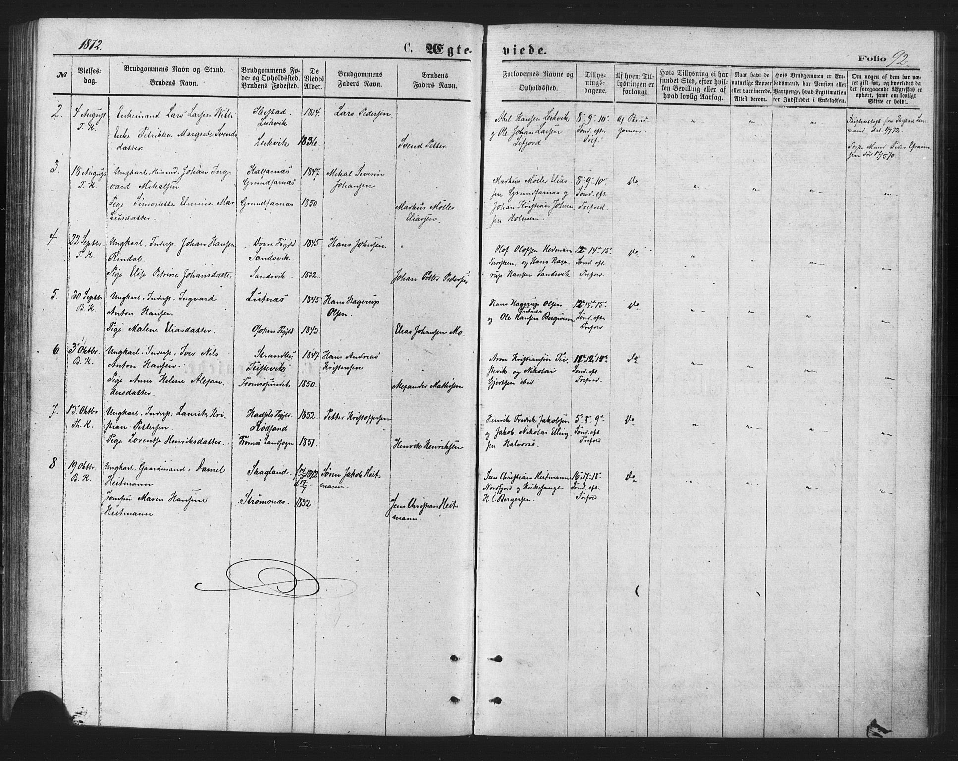 Berg sokneprestkontor, SATØ/S-1318/G/Ga/Gaa/L0003kirke: Parish register (official) no. 3, 1872-1879, p. 92