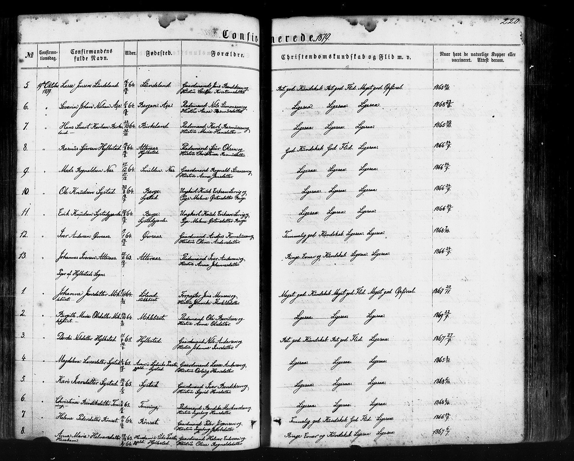 Hyllestad sokneprestembete, SAB/A-80401: Parish register (official) no. A 1, 1861-1886, p. 220