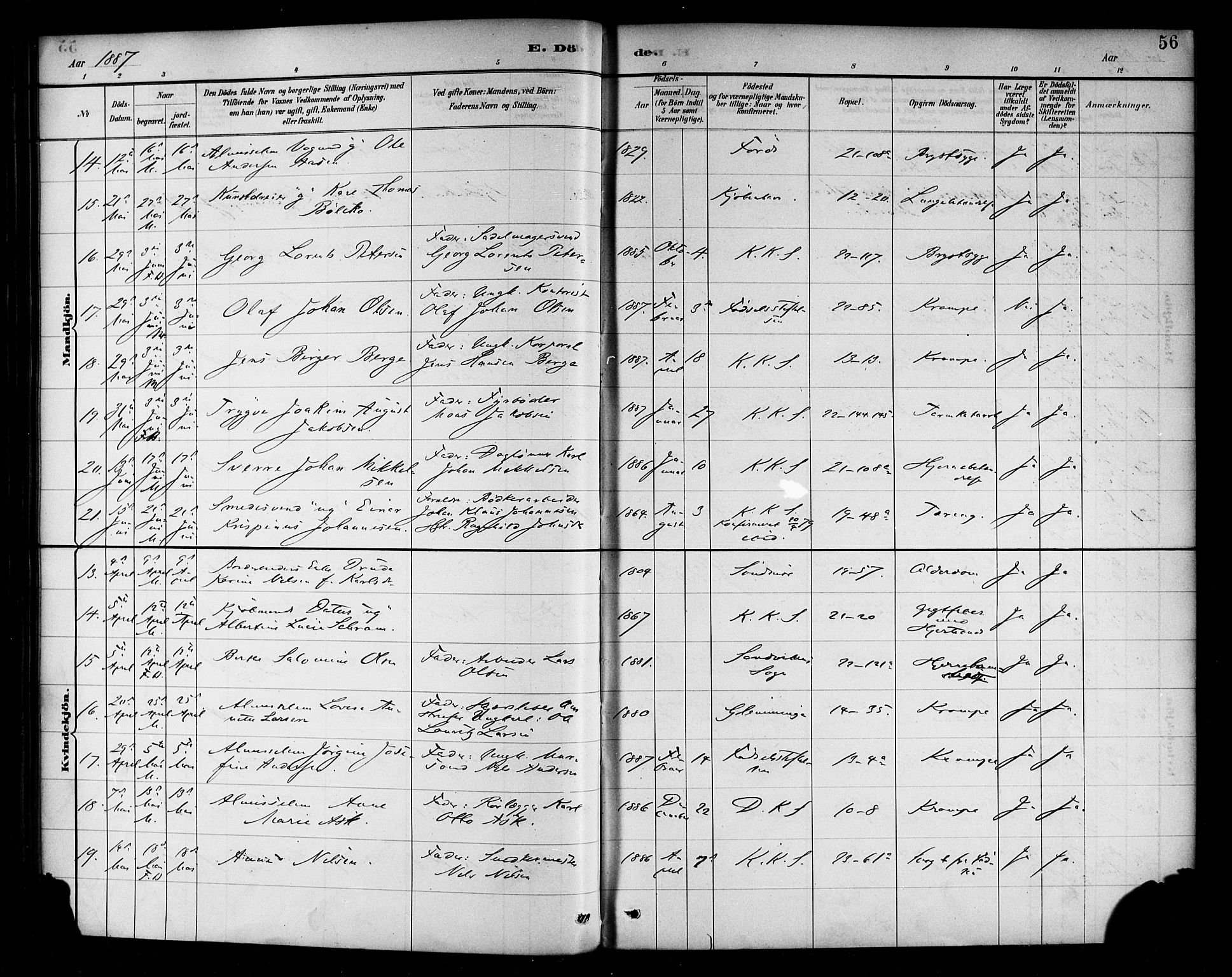 Korskirken sokneprestembete, AV/SAB-A-76101/H/Haa/L0047: Parish register (official) no. E 5, 1884-1910, p. 56