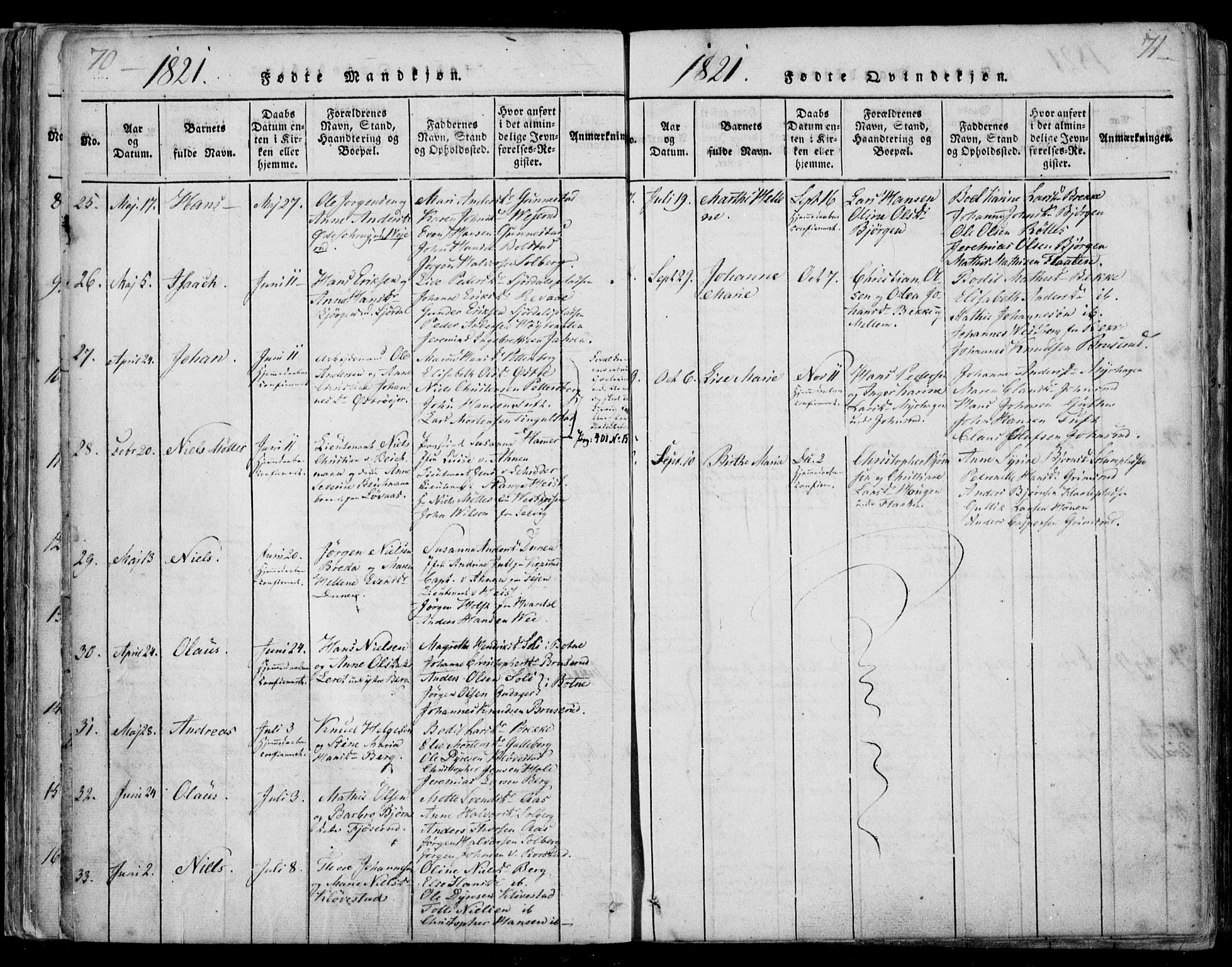 Sande Kirkebøker, AV/SAKO-A-53/F/Fa/L0003: Parish register (official) no. 3, 1814-1847, p. 70-71