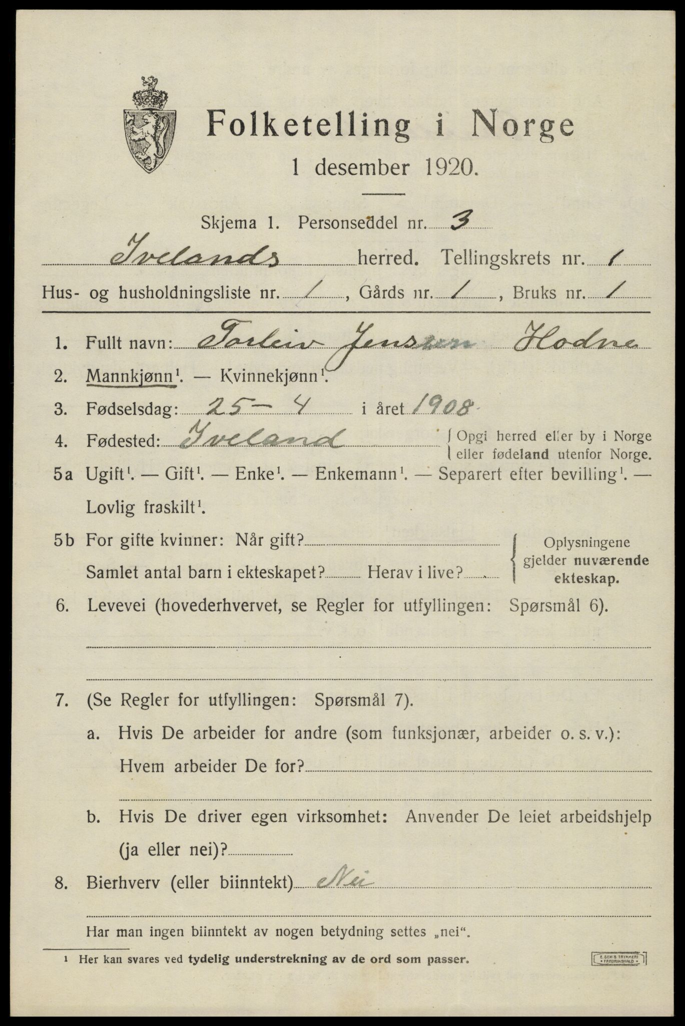 SAK, 1920 census for Iveland, 1920, p. 419