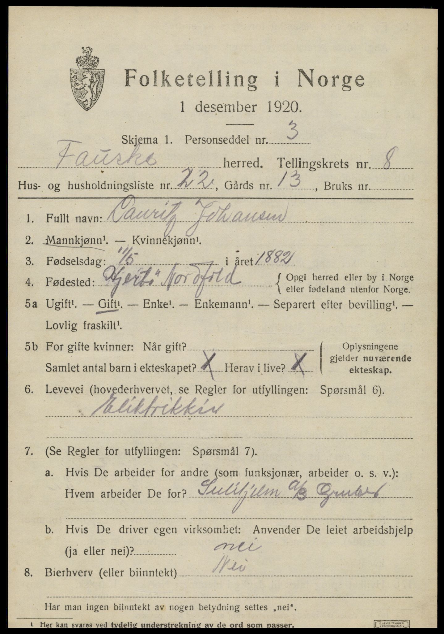 SAT, 1920 census for Fauske, 1920, p. 6622