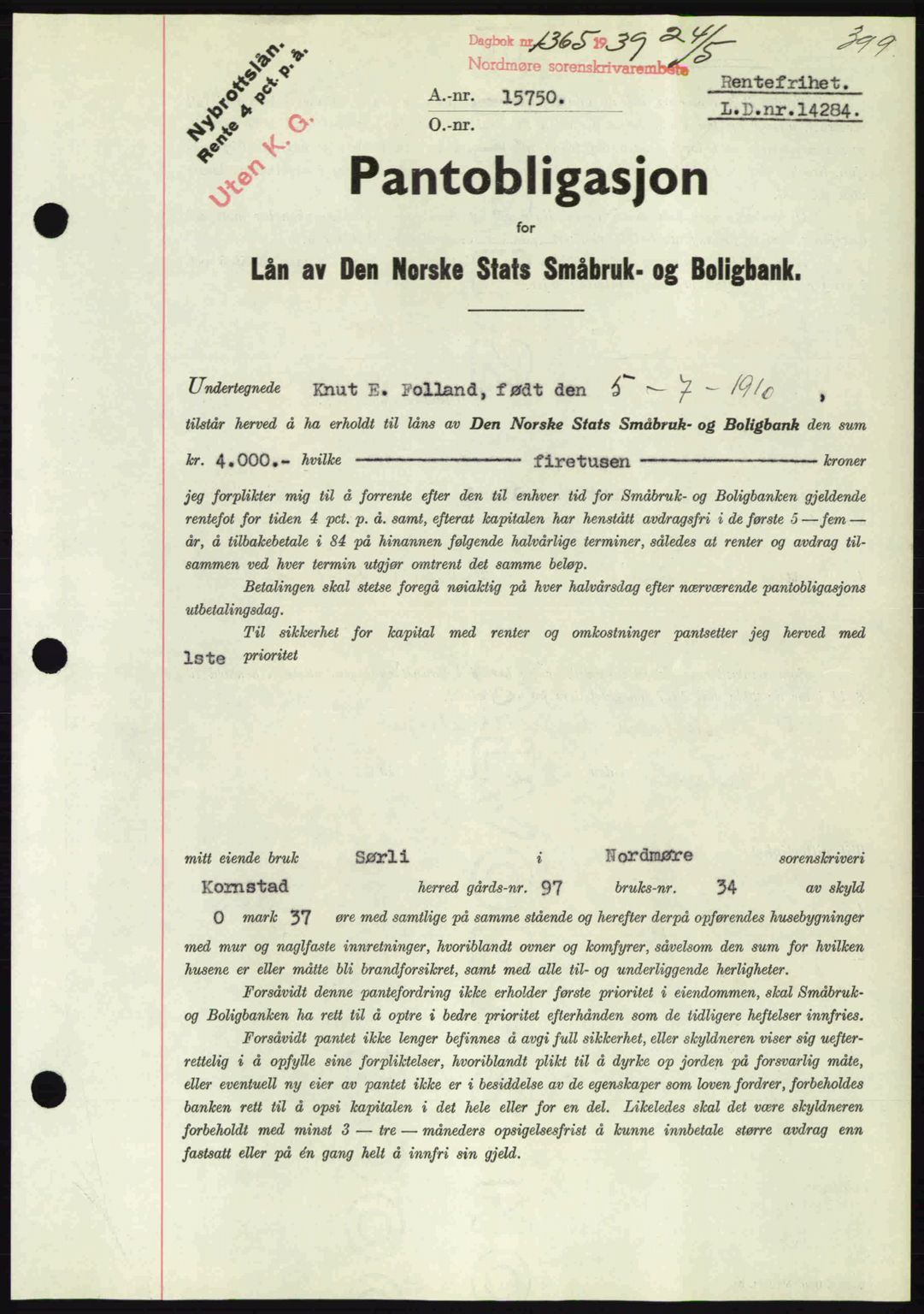 Nordmøre sorenskriveri, AV/SAT-A-4132/1/2/2Ca: Mortgage book no. B85, 1939-1939, Diary no: : 1365/1939