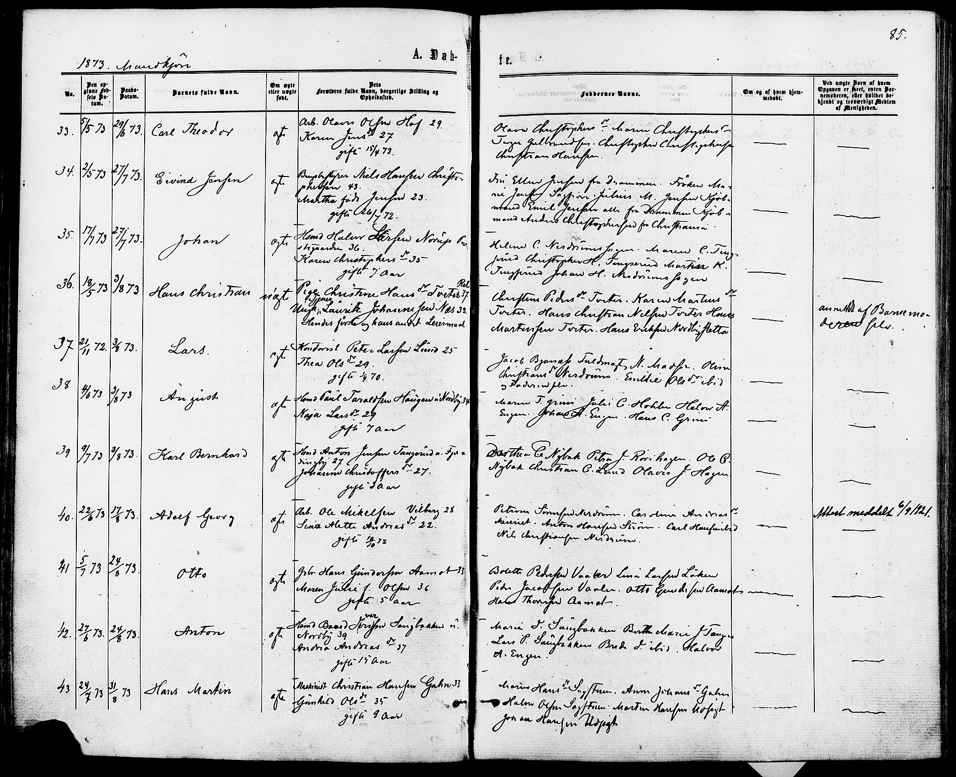 Fet prestekontor Kirkebøker, SAO/A-10370a/F/Fa/L0013: Parish register (official) no. I 13, 1867-1877, p. 85