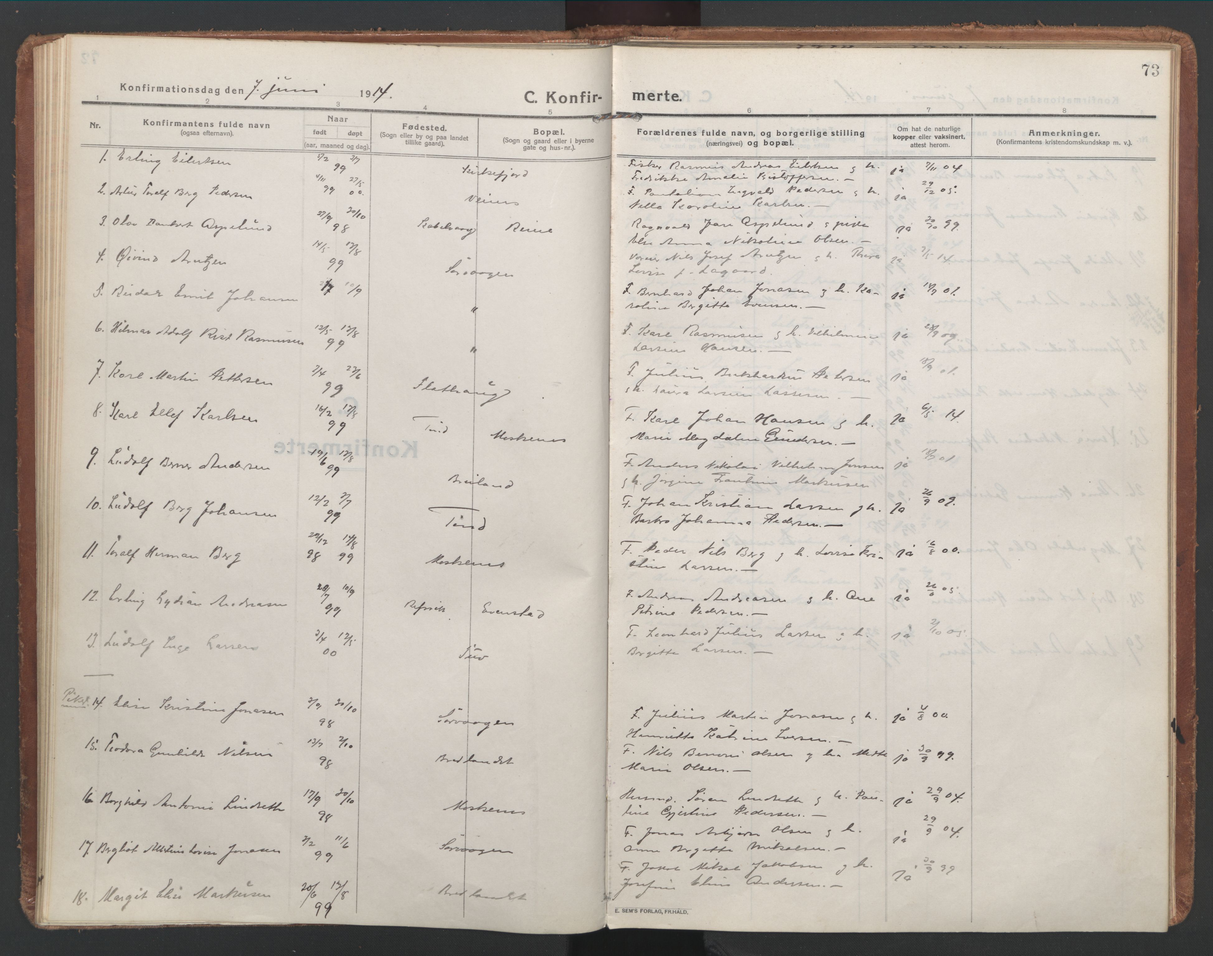 Ministerialprotokoller, klokkerbøker og fødselsregistre - Nordland, AV/SAT-A-1459/886/L1222: Parish register (official) no. 886A04, 1914-1926, p. 73