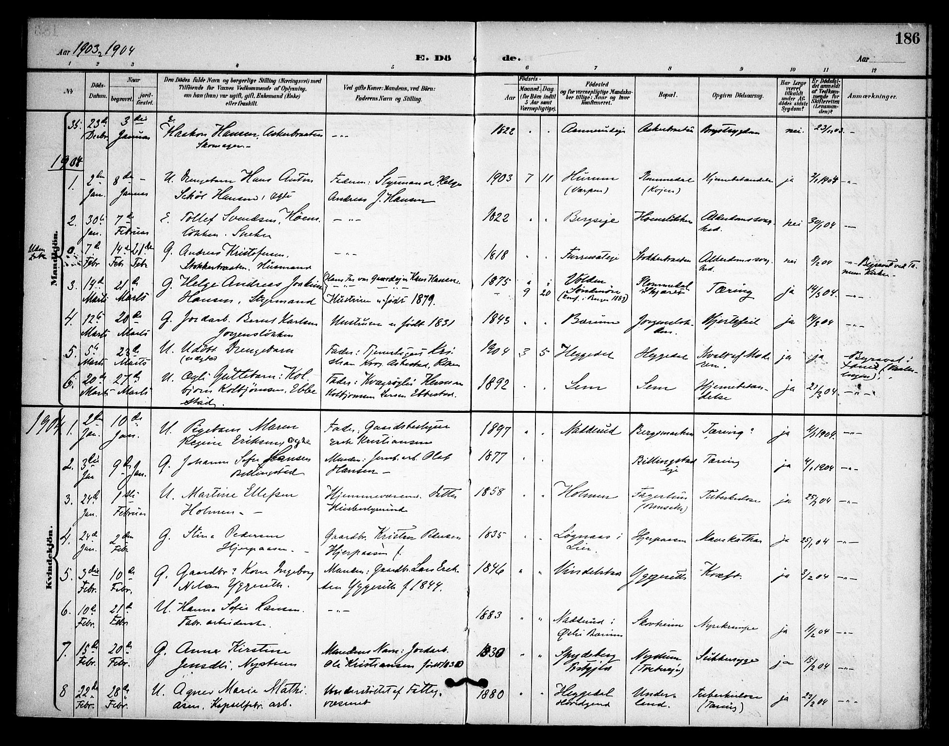 Asker prestekontor Kirkebøker, AV/SAO-A-10256a/F/Fa/L0015: Parish register (official) no. I 15, 1896-1915, p. 186