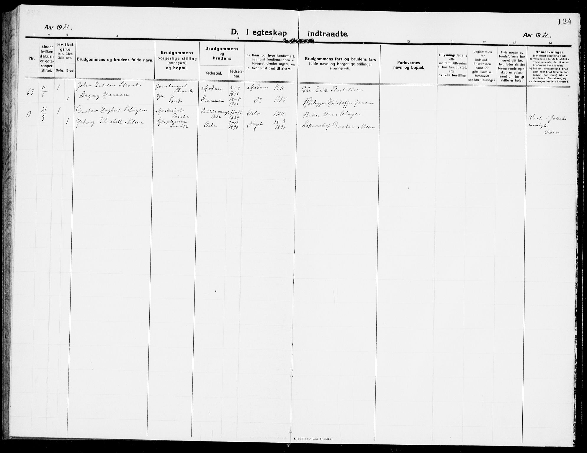 Modum kirkebøker, AV/SAKO-A-234/G/Ga/L0010: Parish register (copy) no. I 10, 1909-1923, p. 124
