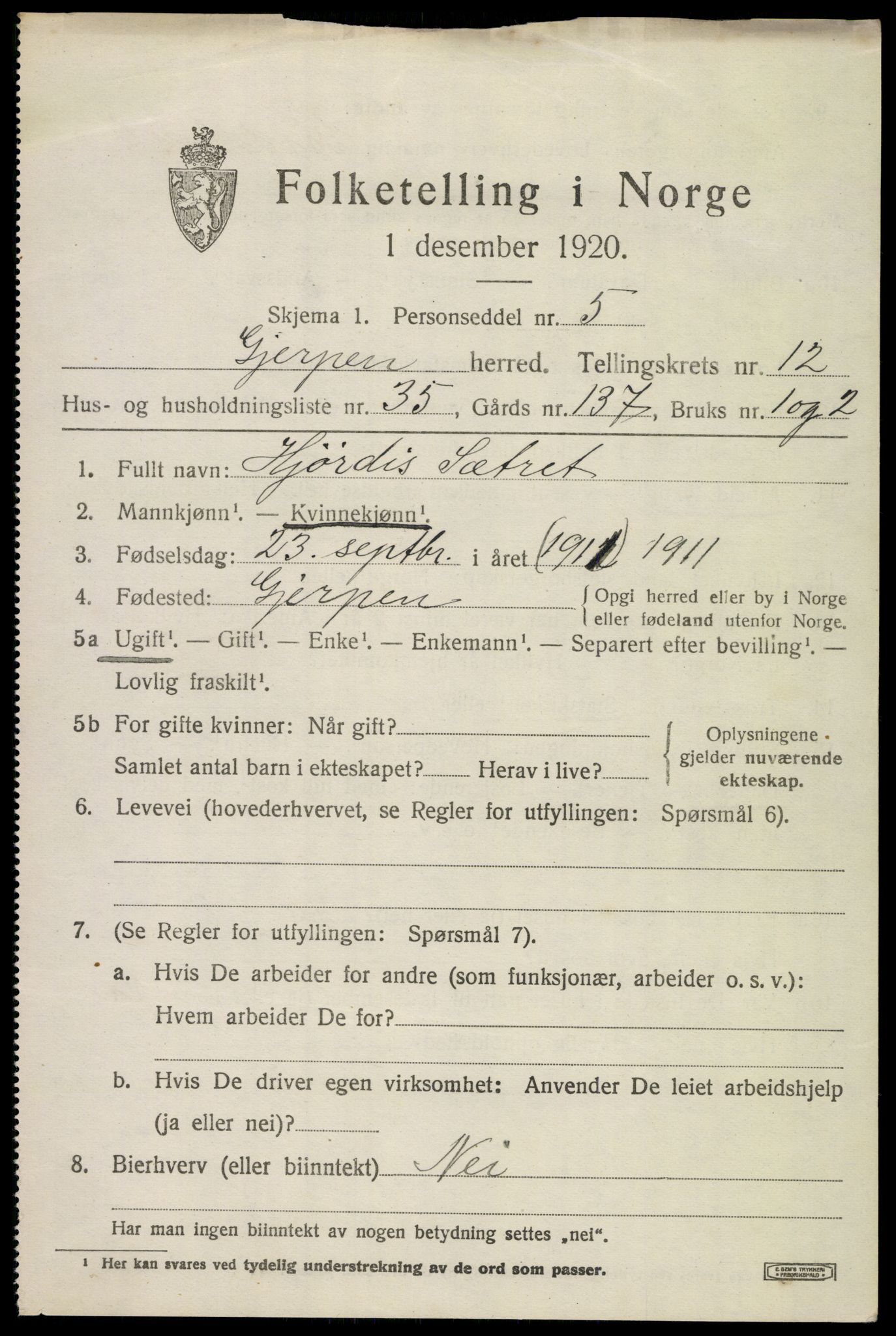 SAKO, 1920 census for Gjerpen, 1920, p. 13912